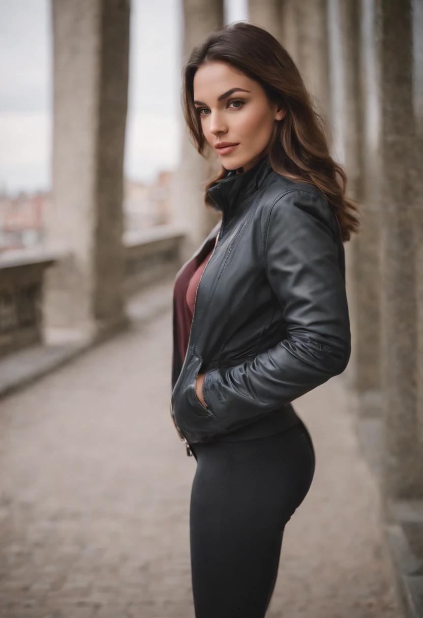 A beautiful woman with a big elastic butt, POSING FOR THE CAMERA IN A PORTRAIT WITH JACKET AND CAP AND LONG TIGHT PANTS......,muy detallado, hermoso cuerpo y cara, se parece al original, Pelo rojo, en ROMA