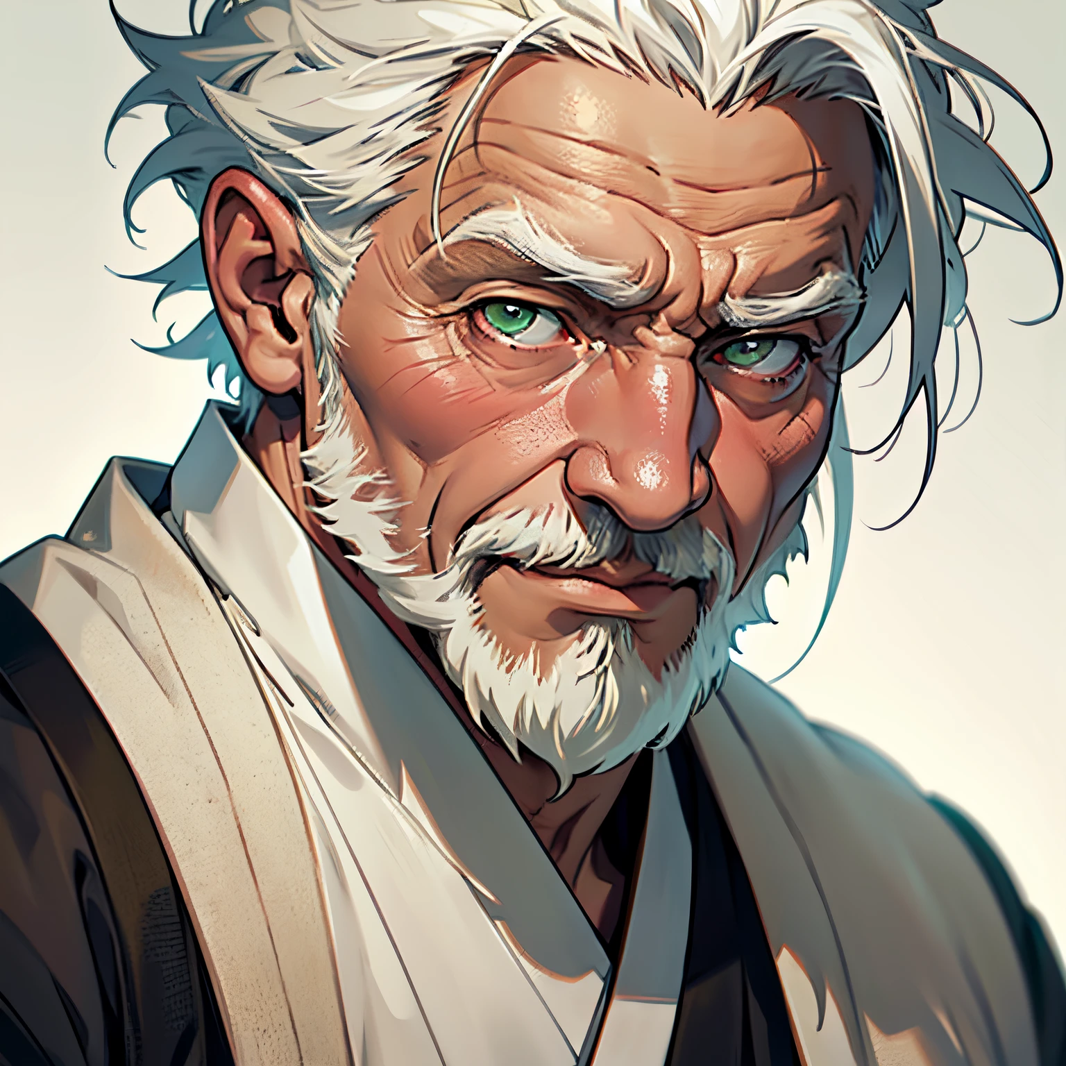 anime image of an wrinkly fat old man with white hair and green eyes, many wrinkles, short white hair, glorious hair mane, friendly grandpa, grandfather, old, over a hundred years old, good guy, head shot, close up shot, simple background, ninja clothing, japanese clothing, dark clothing