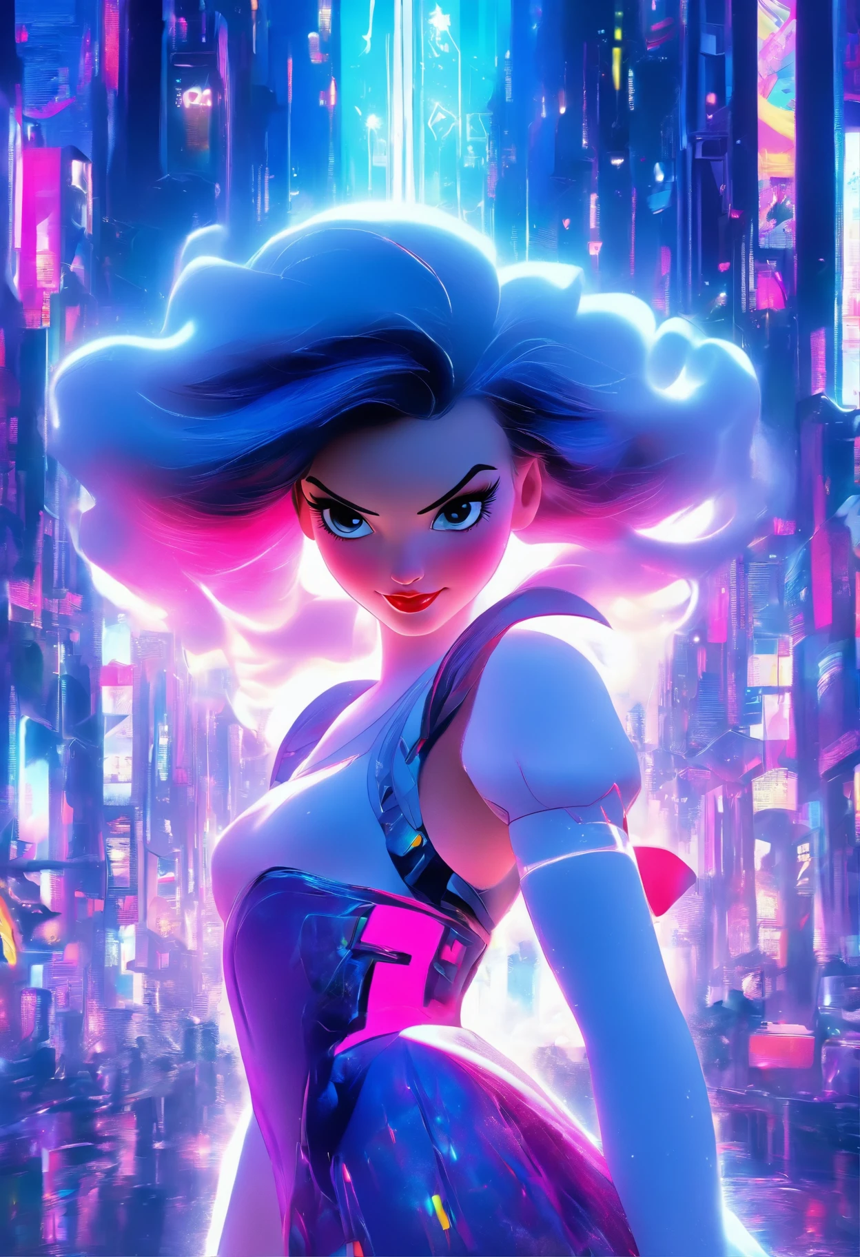 masterpiece, photo realistic techniques, ((photographic style)), full body, Disney Princess snow white as a futuristic cyberpunk girl, neon, vibrant colors. --ar 4:5 --v 5.2
