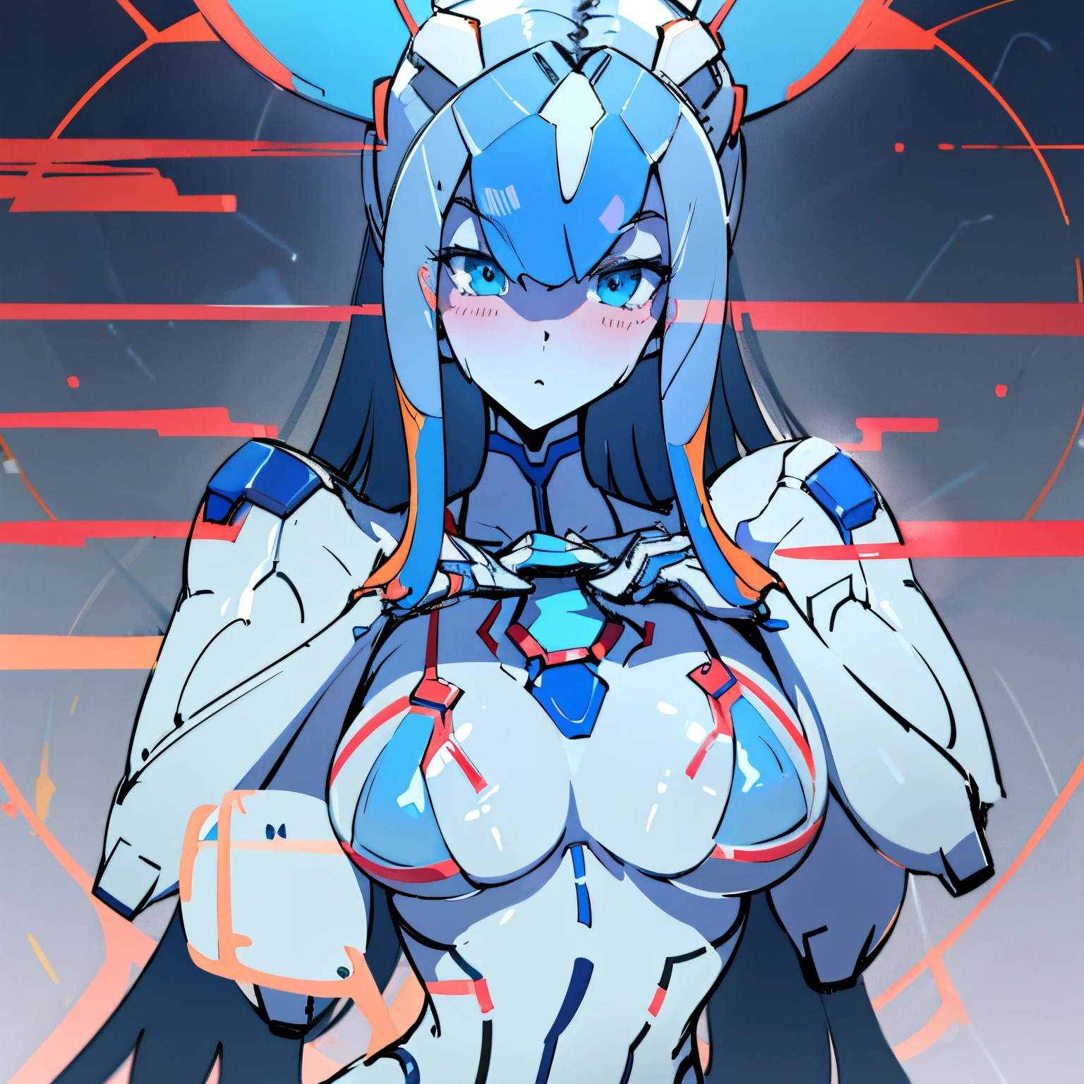 Blue mech girl， The details of the face are perfect，blue colors，cyan colors，darling on franxx ,mecha girl，pilotsuit,tall，Gynecological diagram，Gel coat,Beautiful Warframe fan art, battle armor&#39;, biomechanical oppai、torn suit、chest flutter、boobs exposed、Whole body diagram，A high resolution， Beutiful women， bodybuilding，Wonderful and magical， [[Slender fingers and hands：0.55]：：0.85]，（detail finger）