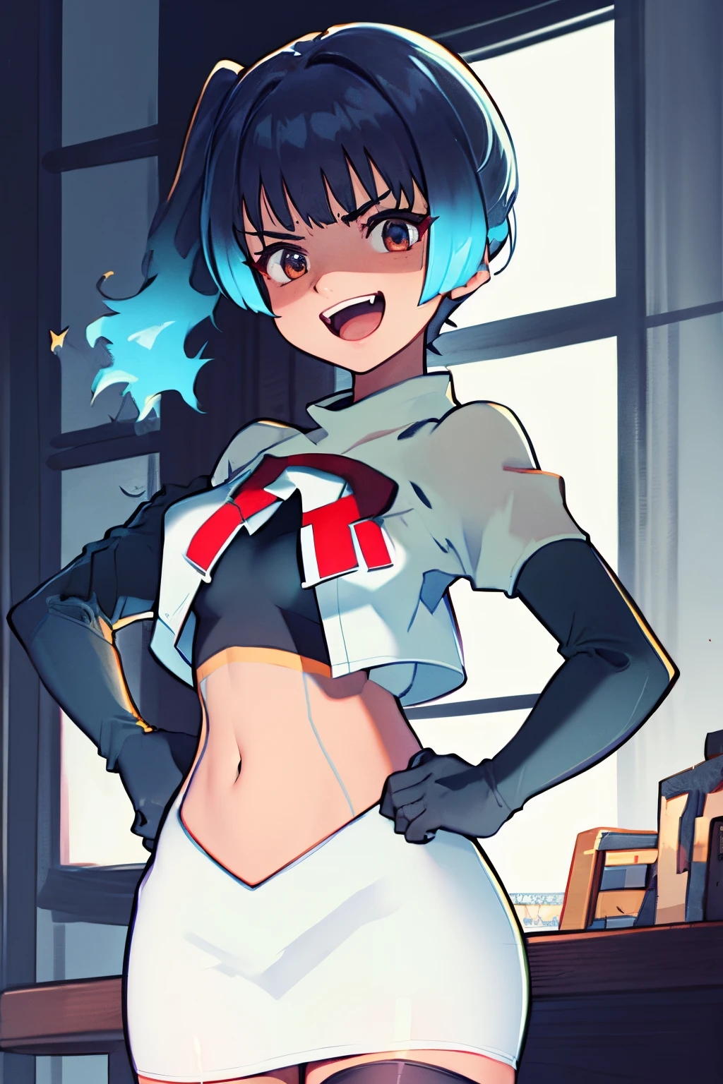 face of sena \(xenoblade\), 1girl,team rocket,team rocket uniform, red letter R, white skirt,white crop top,black thigh-highs,black elbow gloves,evil laugh , hands on hips