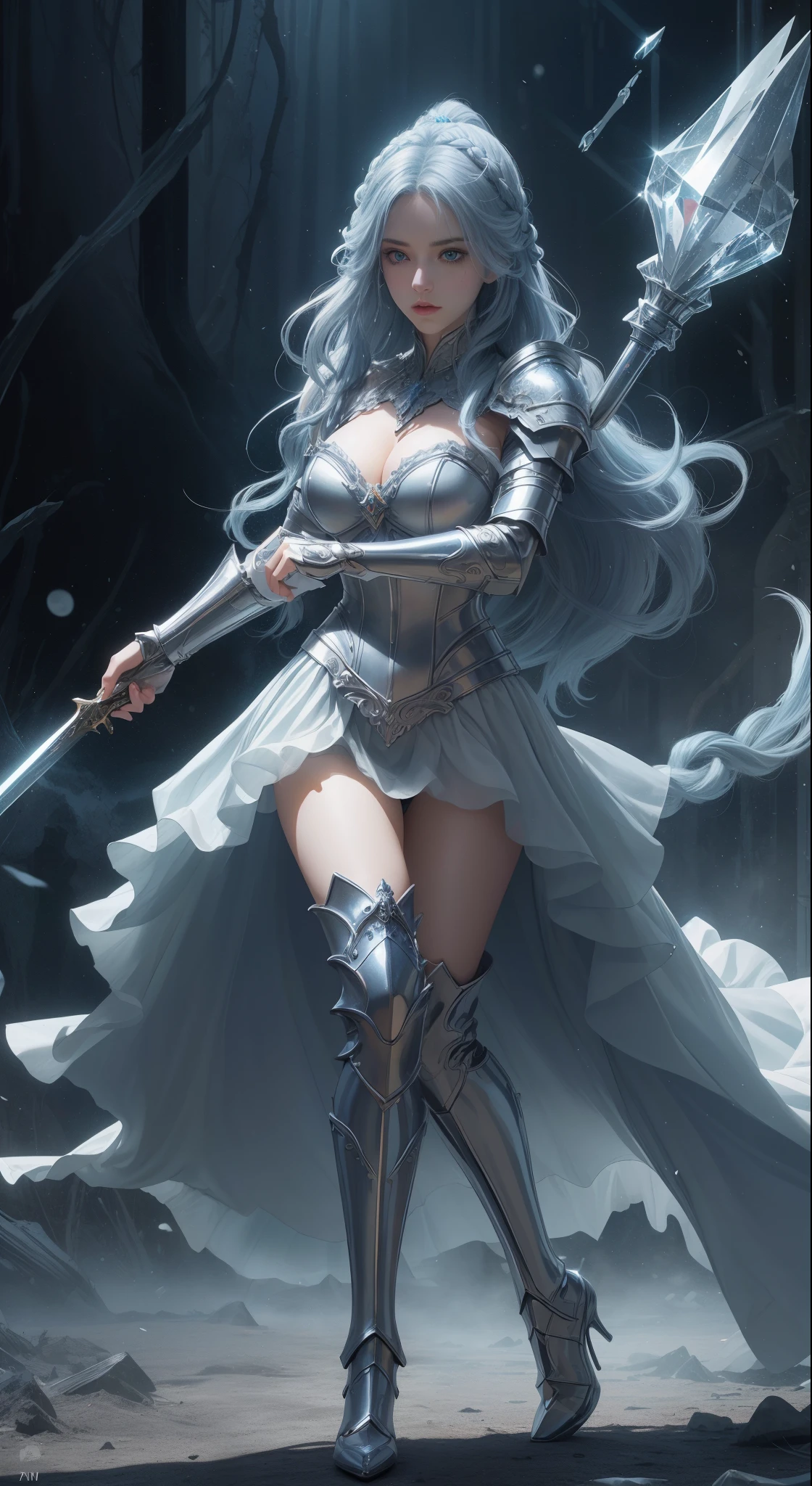 tmasterpiece，Highest image quality，，Beautiful female knight full body portrait，Exquisite blue braid hairstyle，Clear  eyes，The sword，armour，high heels boots，crystal，Ultra-detailed details，advanced。At the Pixiv Art Station，Break your own power，Luigi，Big breasts exposing cleavage，R-18G