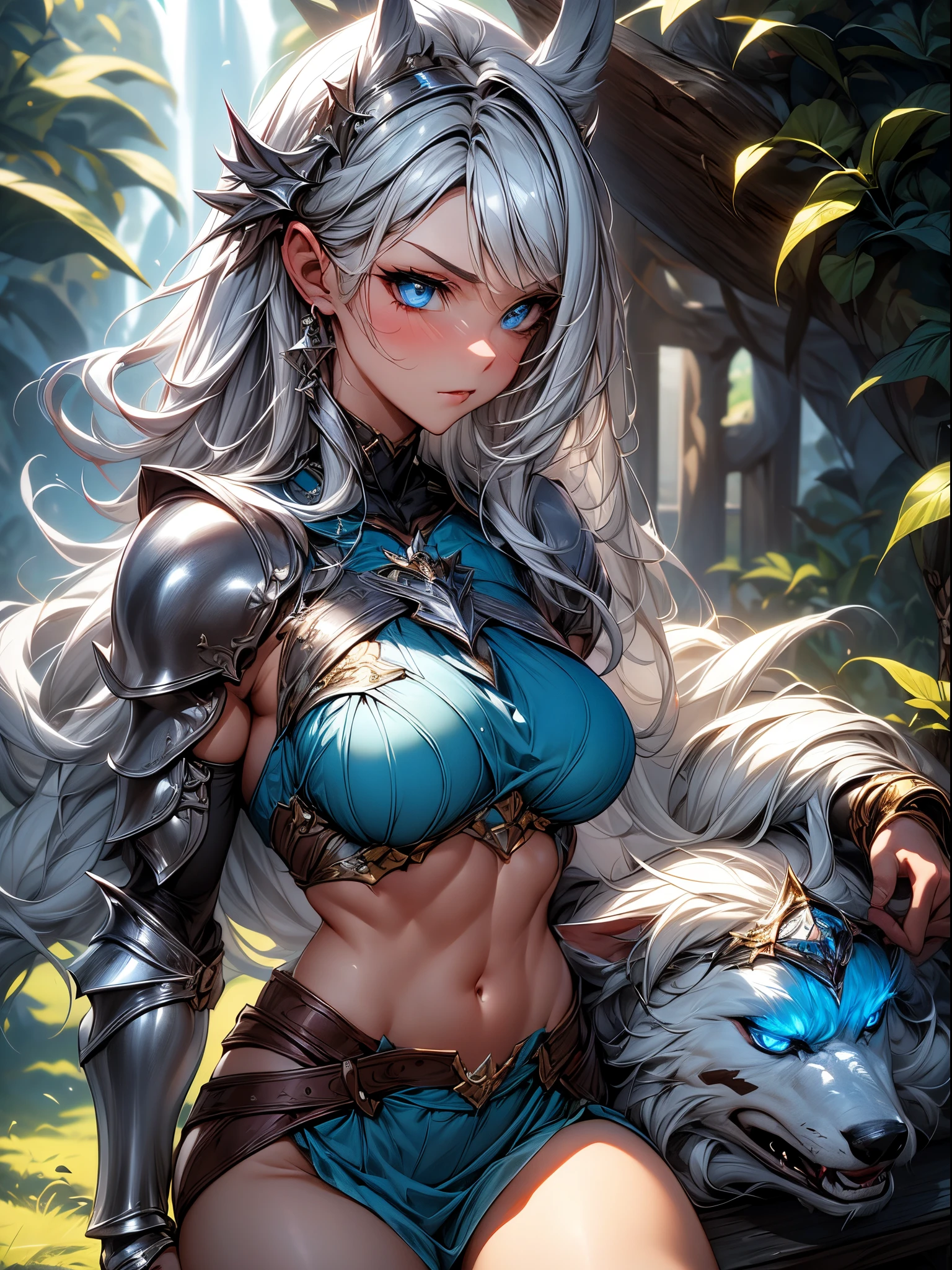 Absurdres ,1 girl,Serious,Silver hair,woman knight,Wolf ears,Blue eyes,Bikini Armor,Abs,silver gauntlet ,leather waist seath,BREAK,Dynamic Angle,dynamic lighting,wilderness,fantasy,BREAK,(close range),best quality,insanely detailed,Hyper realistic, Perfect Anatomy,perfect 5 fingers,vibrant colors,amazing,super fine illustration