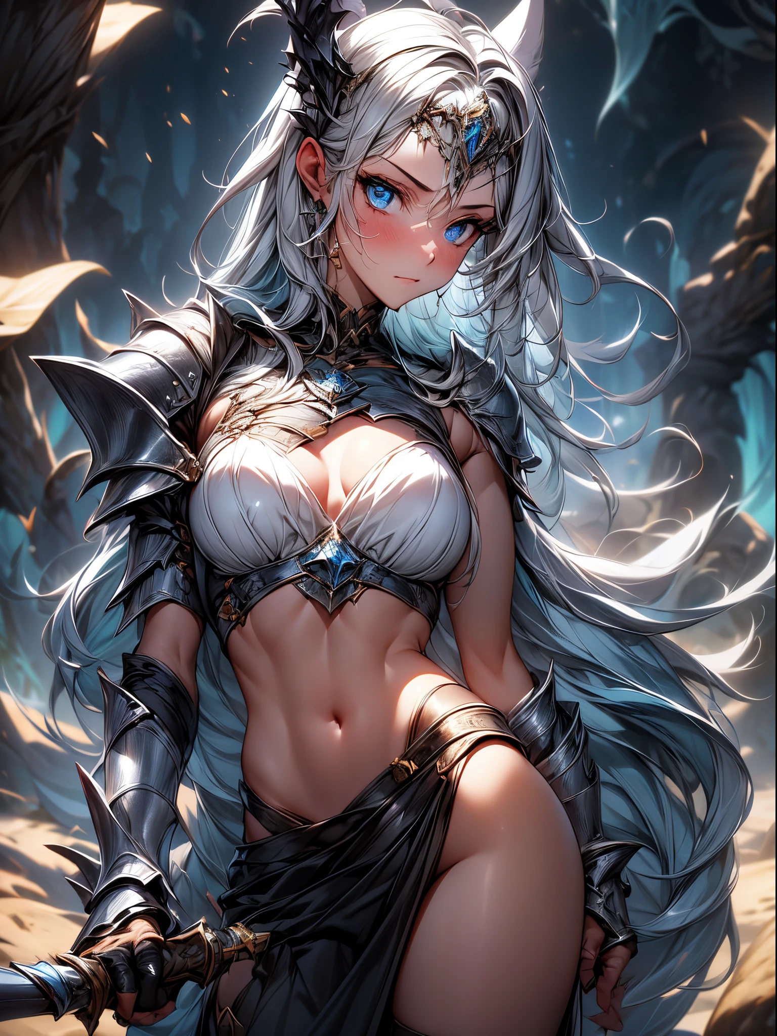 Absurdres ,1 girl,Serious,Silver hair,woman knight,Wolf ears,Blue eyes,Bikini Armor,Abs,silver gauntlet ,leather waist seath,BREAK,Dynamic Angle,dynamic lighting,wilderness,fantasy,BREAK,(close range),best quality,insanely detailed,Hyper realistic, Perfect Anatomy,perfect 5 fingers,vibrant colors,amazing,super fine illustration