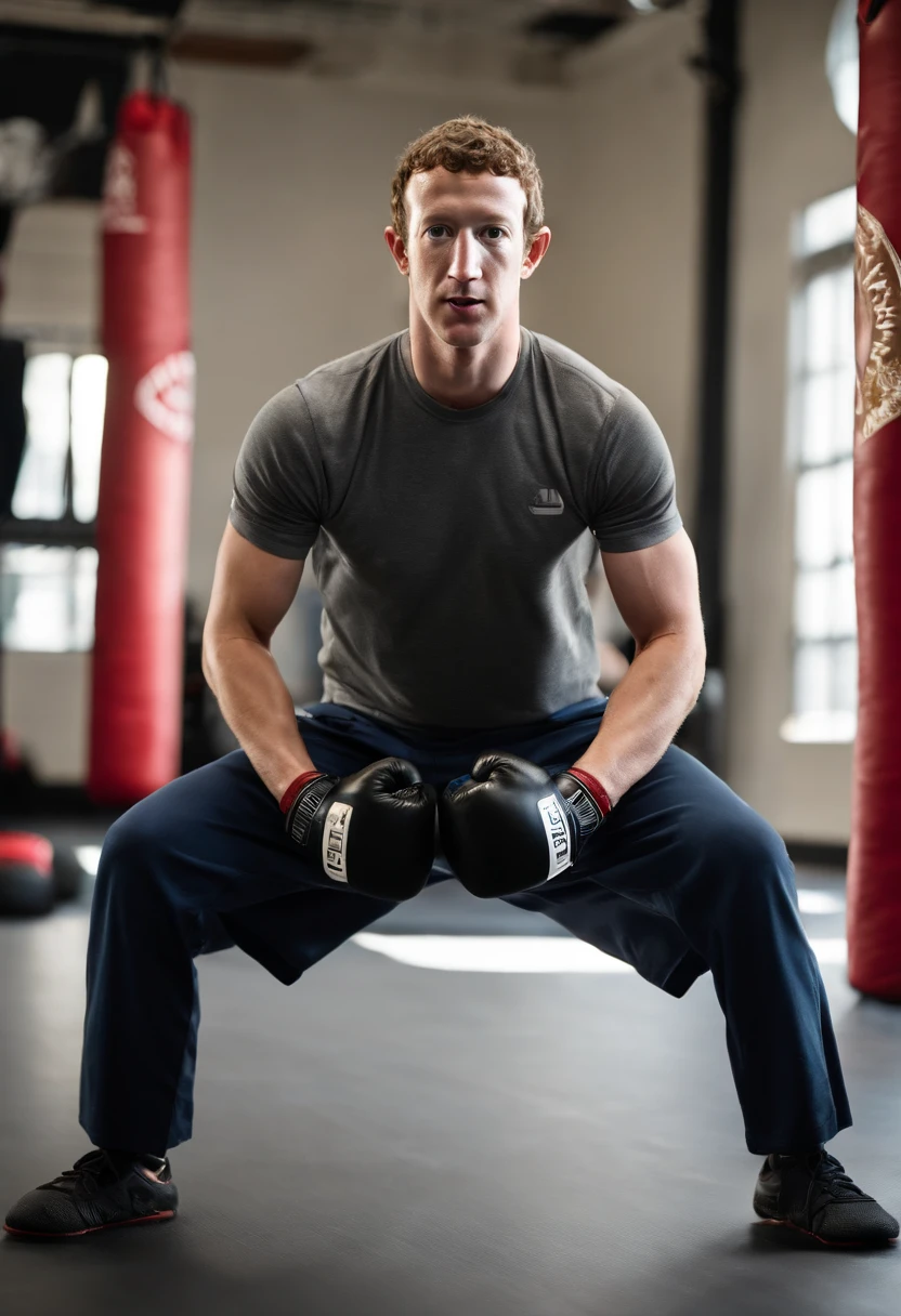 A photo of Mark Zuckerberg at a mixed martial arts gym, sparring with a professional fighter and demonstrating exceptional technique and focus.,original,Zuckerberg maintains a notably consistent personal style, famously known for his simple gray t-shirts and hoodies, which reflect his utilitarian approach to life and work. He has a youthful, clean-cut look with short, curly hair and typically wears jeans or casual trousers, projecting an image of approachability that aligns with the casual culture of Silicon Valley.