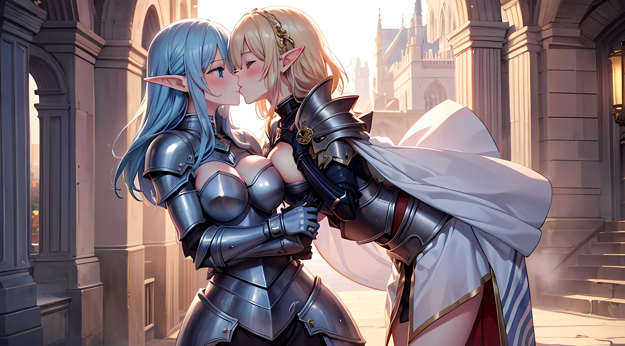 masterpiece, best quality, 2 elf girls, (kissing), (groping), blushed face, mischievous facial expression, female knight armored, hand on chest, girl, touching breast, (full body:0.8), standing and hugging each other.