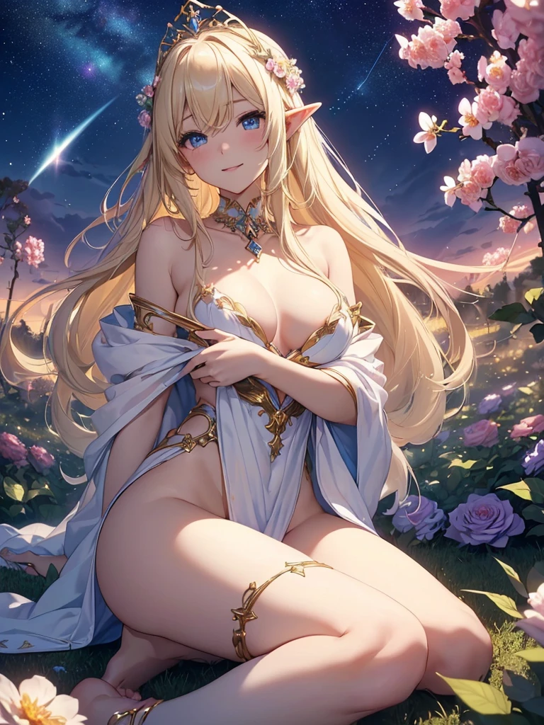 top-quality、Top image quality、​masterpiece、Full body naked girl((24 year old、Best Bust、big bast、Bust 90,Beautiful blue eyes、,Blonde long hair、A slender、a closeup、Esbian、beautiful tiara、hiquality、Beautiful Art、Background with((starrysky)))masutepiece、visualart、depth of fields、sky at night、low angles、、Elven ears、、light magic、kosmos、mid night、harp melody🎵、Happy smile、Gentle light、、Beautiful skins、beutiful breast、beautiful foot、welcome、、accurate fingers、Exact finger count、nffsw,NSFW,Completely naked、I'm not wearing underwear、、A sexy、Mystical　　erotick　orgasmic、ssex、　gasp、sleeping in the flower garden、flower  field、roses
