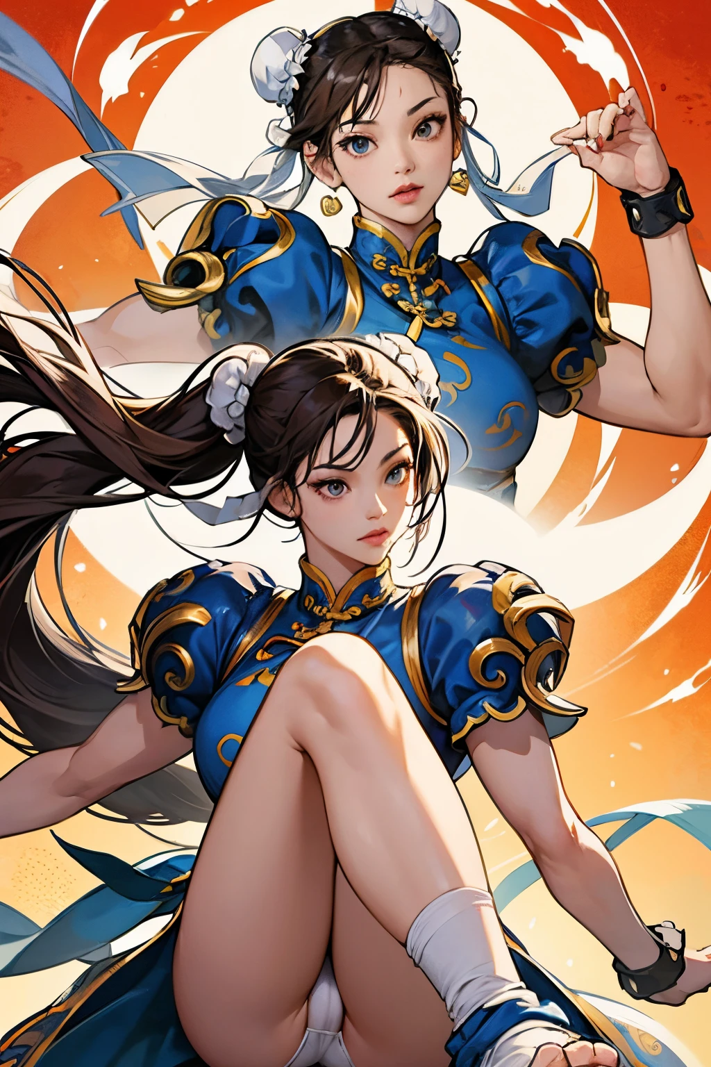 chun-li from street fighters series , white panty , fight in the streets , chinese dragon background , perfect eyes ,