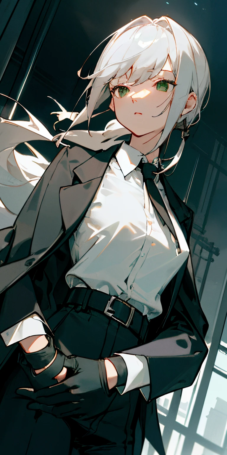 (​masterpiece、top-quality)、(((frombelow、depth of fields、Dutch Angle、green lighting)))、floated hair、1人、Upper body naked、nedium breasts、Nipple Exposed、独奏、Formal、hands on pockets、Suits、Black Gloves、建筑、looking at viewert、Black tie、Fingerless gloves、White shirt、sity、outside of house、Black jacket、a belt、Black pants、shirt with collar、Brown-eyed、is standing、long-sleeve、white  hair、Cityscape、Open jacket、cowboy  shot、Skyscraper、Black Suit、natta、pant suit、Very long hair