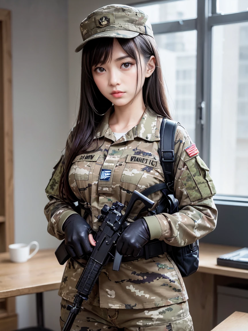 （​masterpiece、ultra fine photos、top-quality、超A high resolution、Photorealsitic）、mysterious beautiful female soldier、delicated face、dark brown hair、stright long hair、Parting aligned bangs、Hair that flutters in the wind、、(Parted bangs: 1.45)、Camouflage Cap、Combat equipment、Army long sleeve camouflage uniform over black undershirt、Camouflage pants、Combat gloves、Holding the rifle with both hands、rucksack、Detailed and complex busy background、High Detail Skin、realistic skin detail、foco nítido、fair white skin、A room in an abandoned building、White smoke、Detailed face and chest depiction、Very short stature、Very small breasts、Detailed hand depiction、combat pose、Dynamic action、watching at viewers、(Close-up shot of the upper body)、