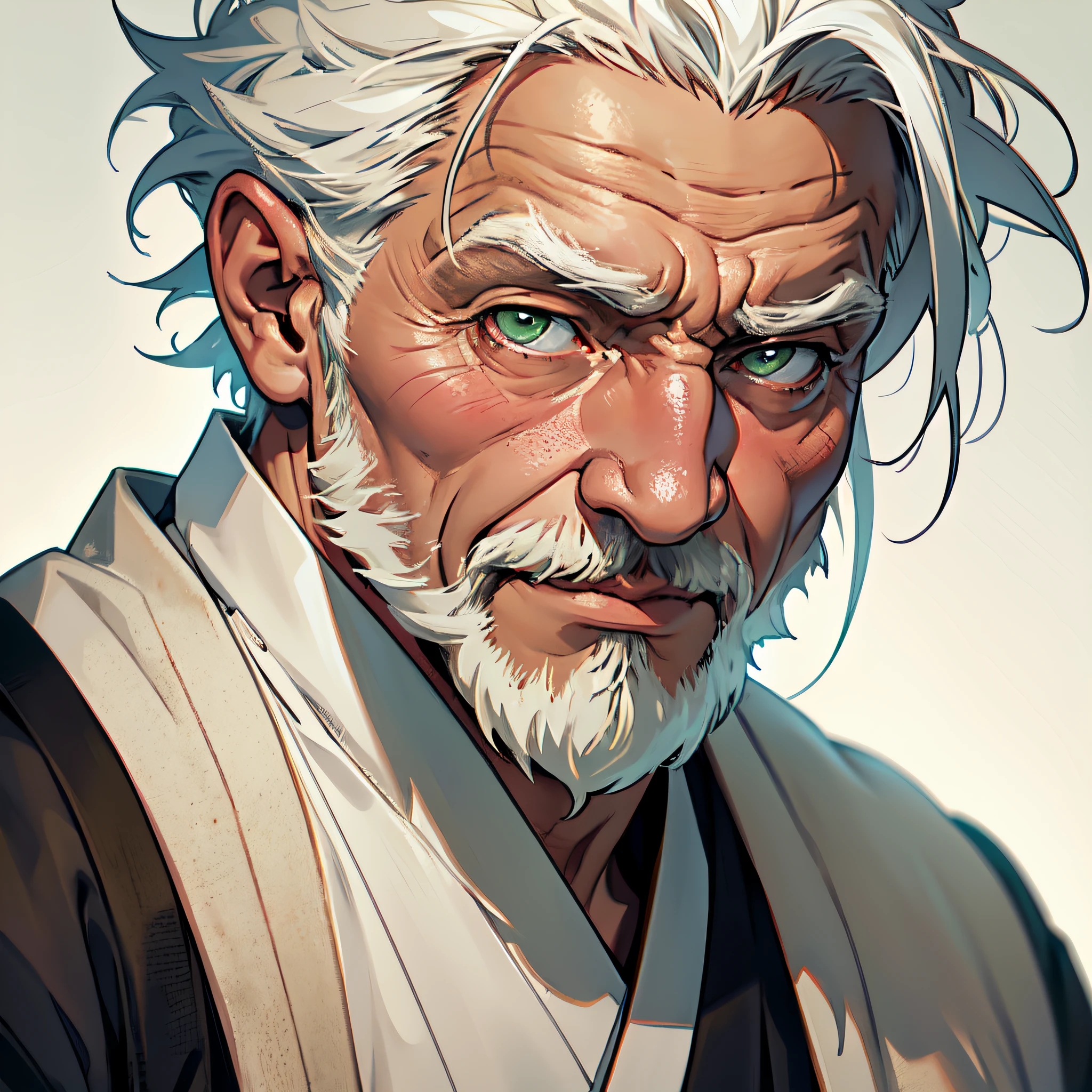 anime image of an wrinkly fat old man with white hair and green eyes, many wrinkles, short white hair, glorious hair mane, friendly grandpa, grandfather, old, over a hundred years old, good guy, head shot, close up shot, simple background, ninja clothing, japanese clothing, dark clothing