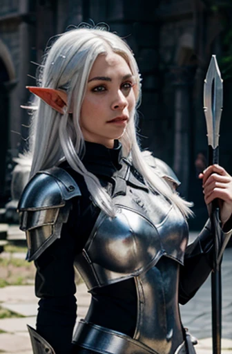 An Elf female with white hair, purple eyes, wearing black full armor, full body pose, holding a spear in both hands