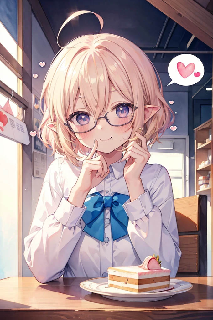 ultra detailed, best quality, high resolution, 1girl, 8k, looking at viewer, pale skin, petite, (blonde hair), (very short hair), (ahoge:1.3), (glasses), pointy ears, (blush:1.3), blue eyes, medium breasts, cake shop, (upper body), (aroused:1.2), (eating cake with a fork), ((put your hand on your cheek)), sit on a chair, light leakage, (happy smile:1.3), ((spoken heart:1.3)), school uniform, ((watercolor:1.2))((chibi:1.3))
