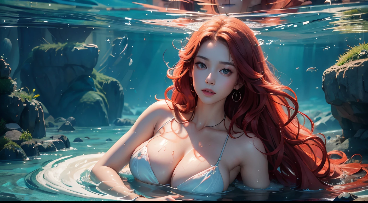 tmasterpiece,Best quality at best,offcial art, Natural skin texture, Hyper-realism, softlighting,8K_Wallpapers,Beautiful Meticulous Girl, looking at viewert,, Large breasts,Long coat,lying in water,drenched all over the body, Unbuttoned, full bodyesbian, Below the deep sea,The water on both sides is a hundred meters high,The scene is very spectacular,atlantean,sexy beauty,Slim figure,exquisite facial features,Red long-haired,curlies,Bigchest,light toned,Colorful beautiful coral,Happy expression