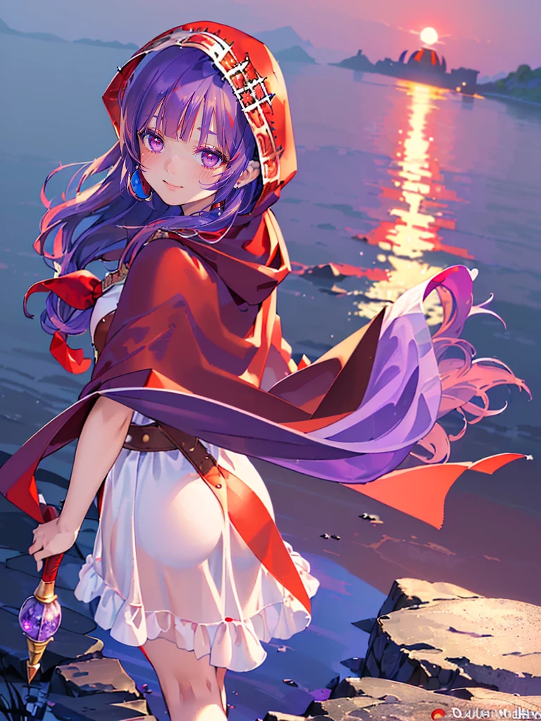 ((((DQ2 Moonberg Princess)))), ((1little girl)), 13years, (((deep purple hair))), ((Blunt bangs)), (Fluffy long hair), (Deep red eyes), ((((red hood)))), (Lotto emblem on the hood), (((purple red stole))), Pearl earrings, (((White robe with red edging))), ((drooing eyes)), Holding a magic wand in his left hand,
((By the river)), Crescent, Healing Magic,
photographrealistic, Sense of depth, Absurd resolution, High resolution, 8K, 4K, detail, Best Quality, (Raw photo, Best Quality, masters:1.2), (Realistic, Photorealsitic:1.37), ultra-detailliert,
Smile, Looking at the camera, full-face blush, , (Walking), (Looking back), Angle from back, Full body shot,