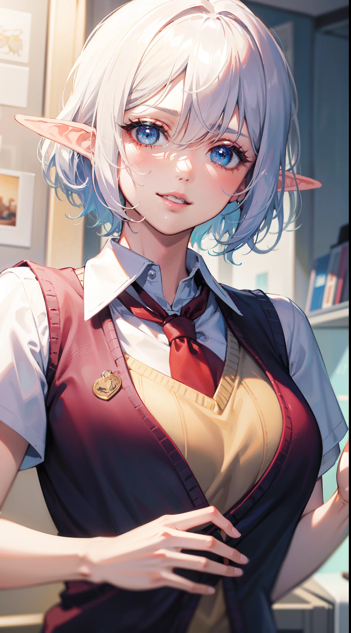 (masterpiece, best quality: 1.3), (ultra-detailed, cinematic lighting), (illustration), (beautiful detailed face, eyes), (school uniform, Sweater vest:1.2), (elf:1.2) (1girl), Tilting Head, light Smile, Light pink lips, (white hair, sidelock, Pixie cut), Deep Blue Eyes, squinting, medium breast, upper body, looking at viewer, depth of field, by Yusuke Murata, Artgerm.