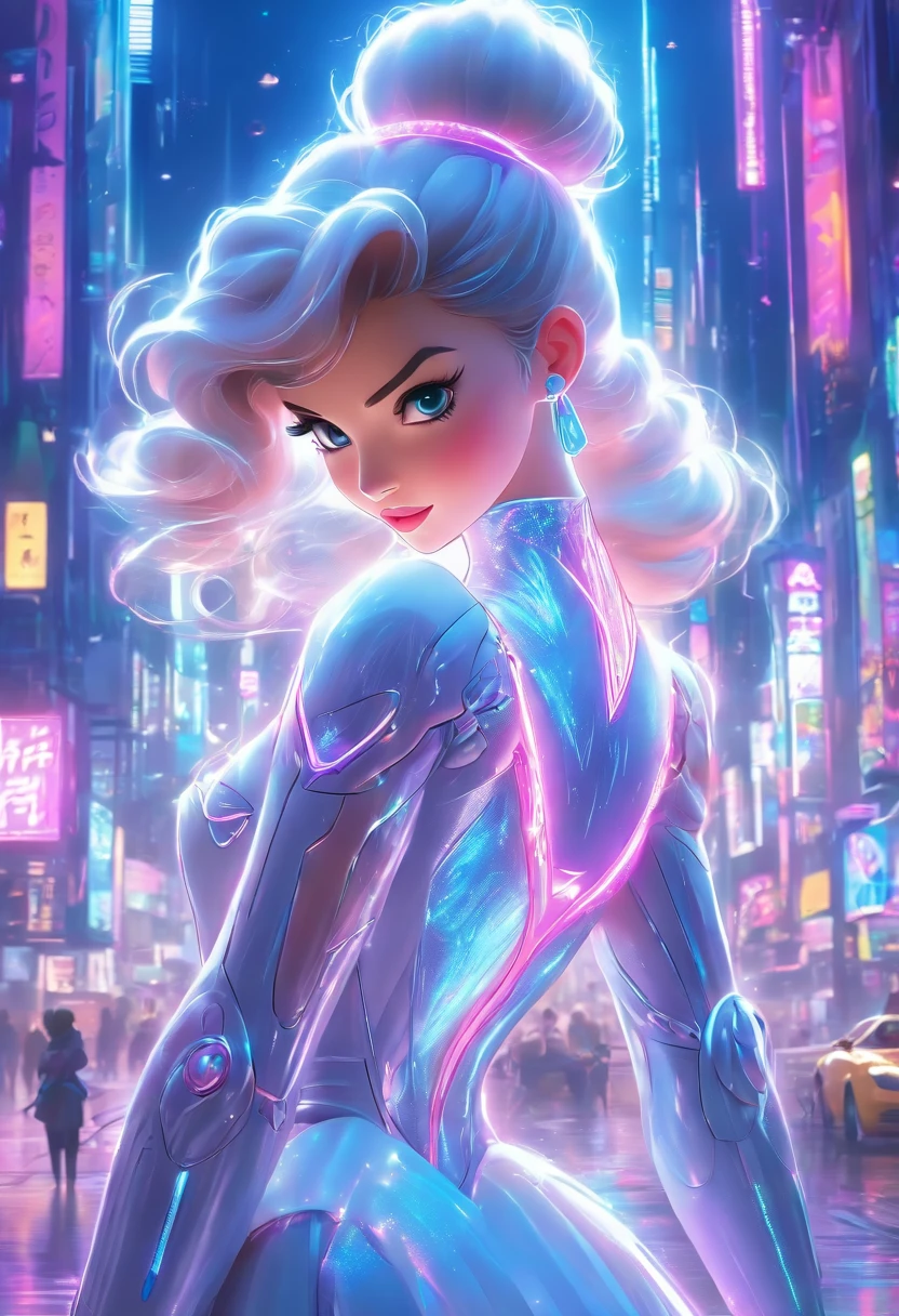 (masterpiece:1.2), (photo realistic:1.37), 3D rendering,cyberpunk,full body composition, Disney Princess Cinderella, futuristic theme, neon lights,vibrant colors,iridescent