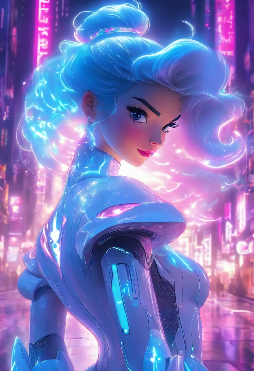 (masterpiece:1.2), (photo realistic:1.37), 3D rendering,cyberpunk,full body composition, Disney Princess Cinderella, futuristic theme, neon lights,vibrant colors,iridescent