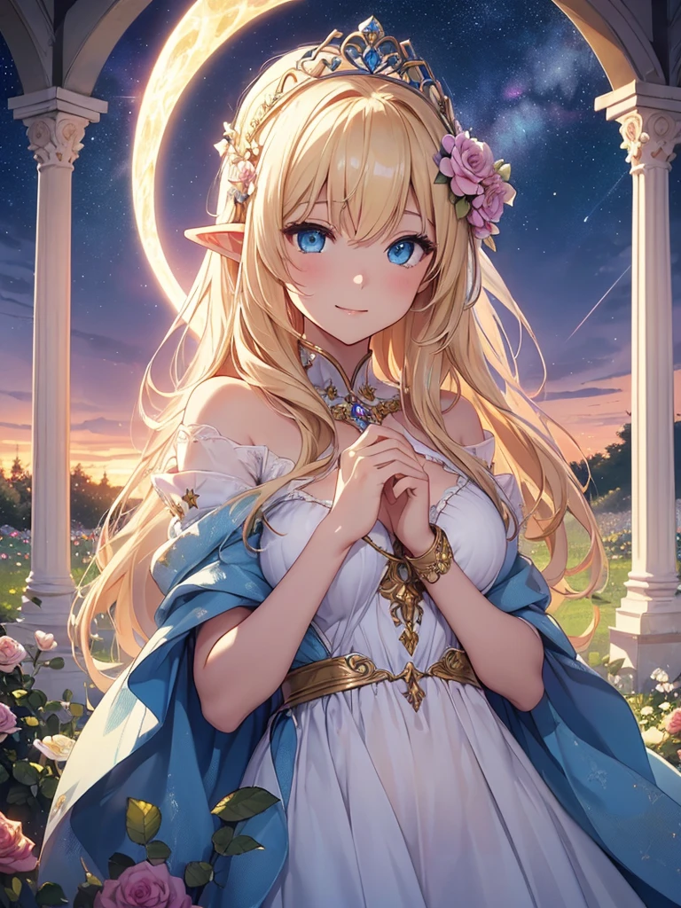 top-quality、Top image quality、masterpiece、girl with((23years old、Best Bust、big bast、Bust 90,Beautiful blue eyes、,Blonde long hair、A slender、is standing、a closeup、Esbian、beautiful tiara、hiquality、Beautiful Art、Background with((starrysky)))masutepiece、visualart、depth of fields、sky at night、low angles、、Elven ears、Both wings shine in rainbow colors、light magic、kosmos、mid night、harp melody🎵、Fun Concerts、Happy smile、Gentle light、Emitting a magical light、Beautiful skins、beutiful breast、robe blanche、Beautiful long skirt、accurate fingers、Exact finger count、Beautiful flower garden.nffsw、Deities々Right、Flower Garden、unclear、pure