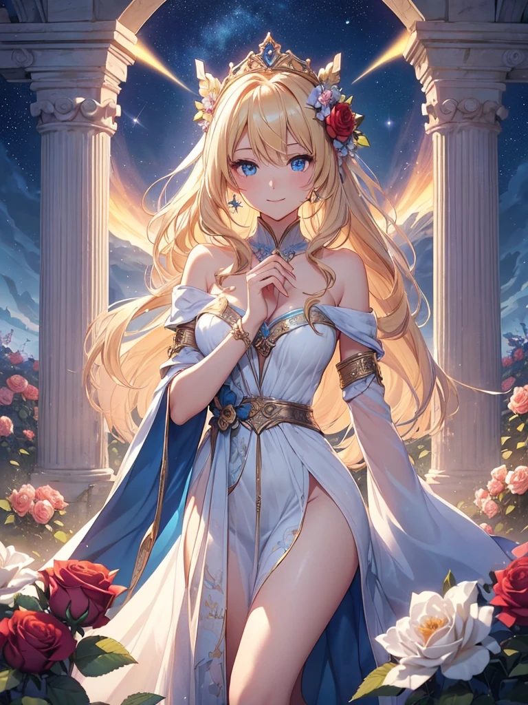 top-quality、Top image quality、masterpiece、Full body naked girl((24 year old、Best Bust、big bast、Bust 90,Beautiful blue eyes、,Blonde long hair、A slender、a closeup、Esbian、beautiful tiara、hiquality、Beautiful Art、Background with((starrysky)))masutepiece、visualart、depth of fields、sky at night、low angles、、Elven ears、、light magic、kosmos、mid night、harp melody🎵、Happy smile、Gentle light、、Beautiful skins、beutiful breast、beautiful foot、welcome、、accurate fingers、Exact finger count、ticker beautiful dress、A sexy、Mystical Sleep in the flower garden、flower field、roses、the woods、Marble pillars