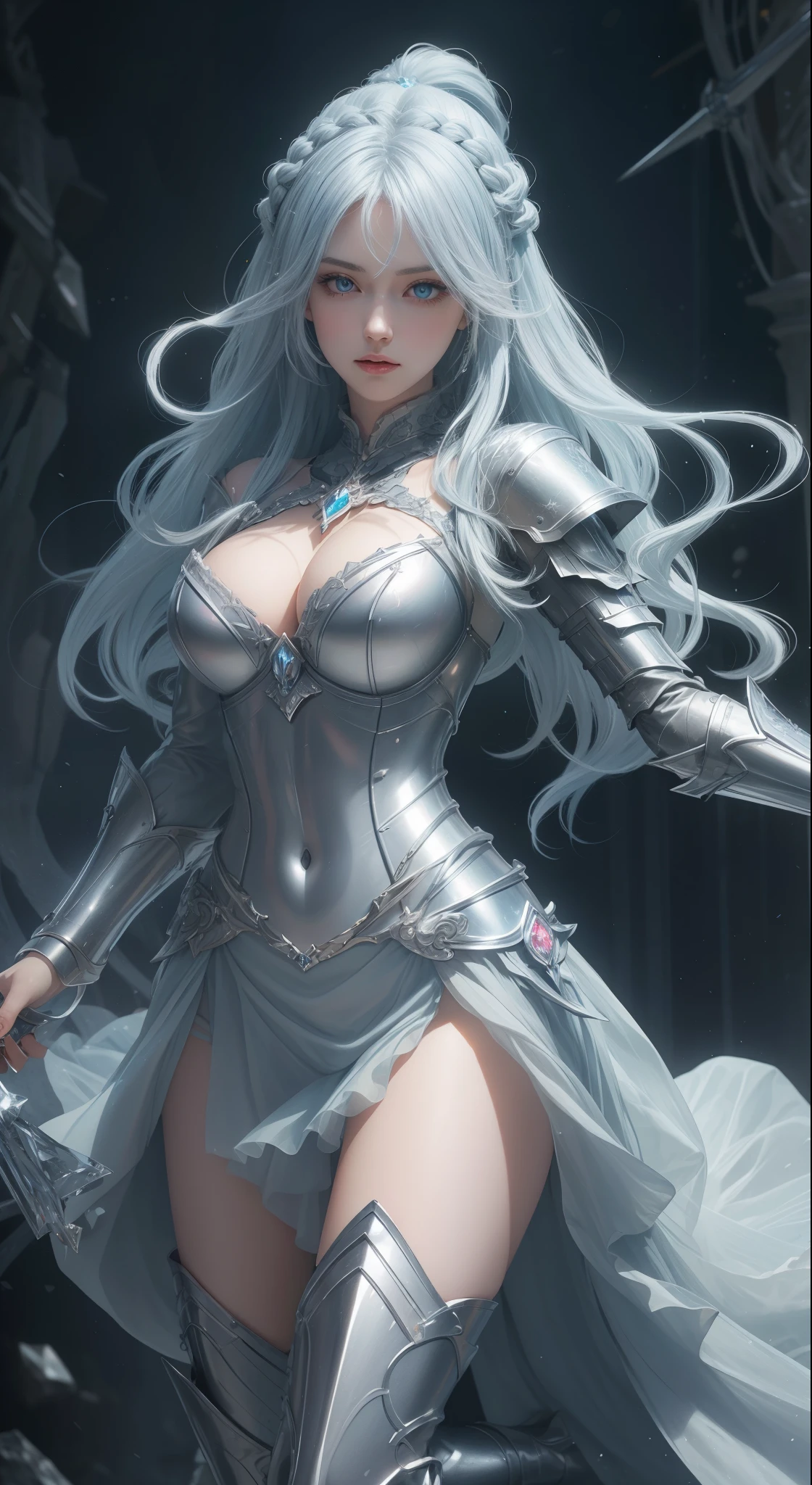 tmasterpiece，Highest image quality，，Beautiful female knight full body portrait，Exquisite light blue braid hairstyle，Clear  eyes，The sword，armour，High-heeled boots，crystal，Ultra-detailed details，advanced。At the Pixiv Art Station，Break your own power，Luigi，Big breasts exposing cleavage，R-18G