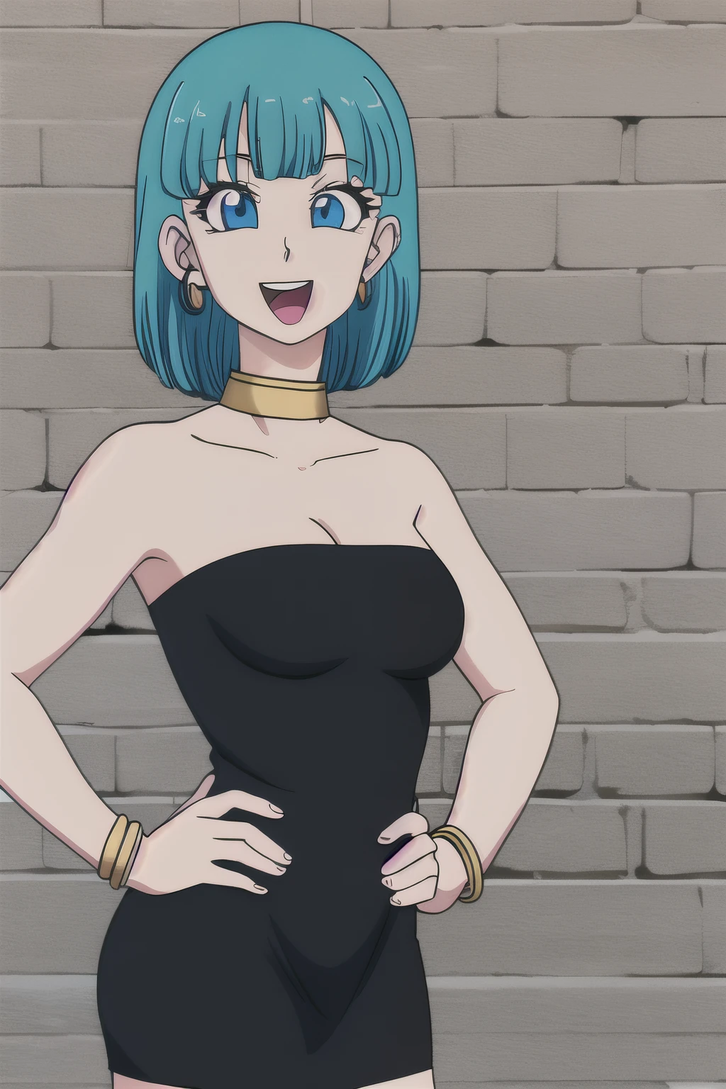 akiratoriyama art style, blue eyes, open mouth, smile, 1 girl, aqua hair, teenager medium hair, bob hair, black eyes, medium breasts, little black dress, strapless dress, short bodycon dress, skin-tight dress, choker, gold hoop earrings, gold bracelet, hands on the hips, Brickwall background