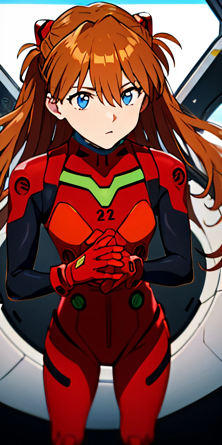 pov(from above), dynamic angle, ultra detailed, illustration, closeup, straight, 1girl, alone ((souryuu asuka langley, interface headset, red suit: 1.4, light reddish orange)),Her eyes shone like dream stars,blue eyes,(bright eyes:1.233),(beautiful and detailed eyes:1.1),(expressionless , mouth closed),(standing), (mechanics room with tools and spaceship window on a white spaceship), (night:1.2), dreamer, [[delicate fingers and hands]], (detail of fingers),