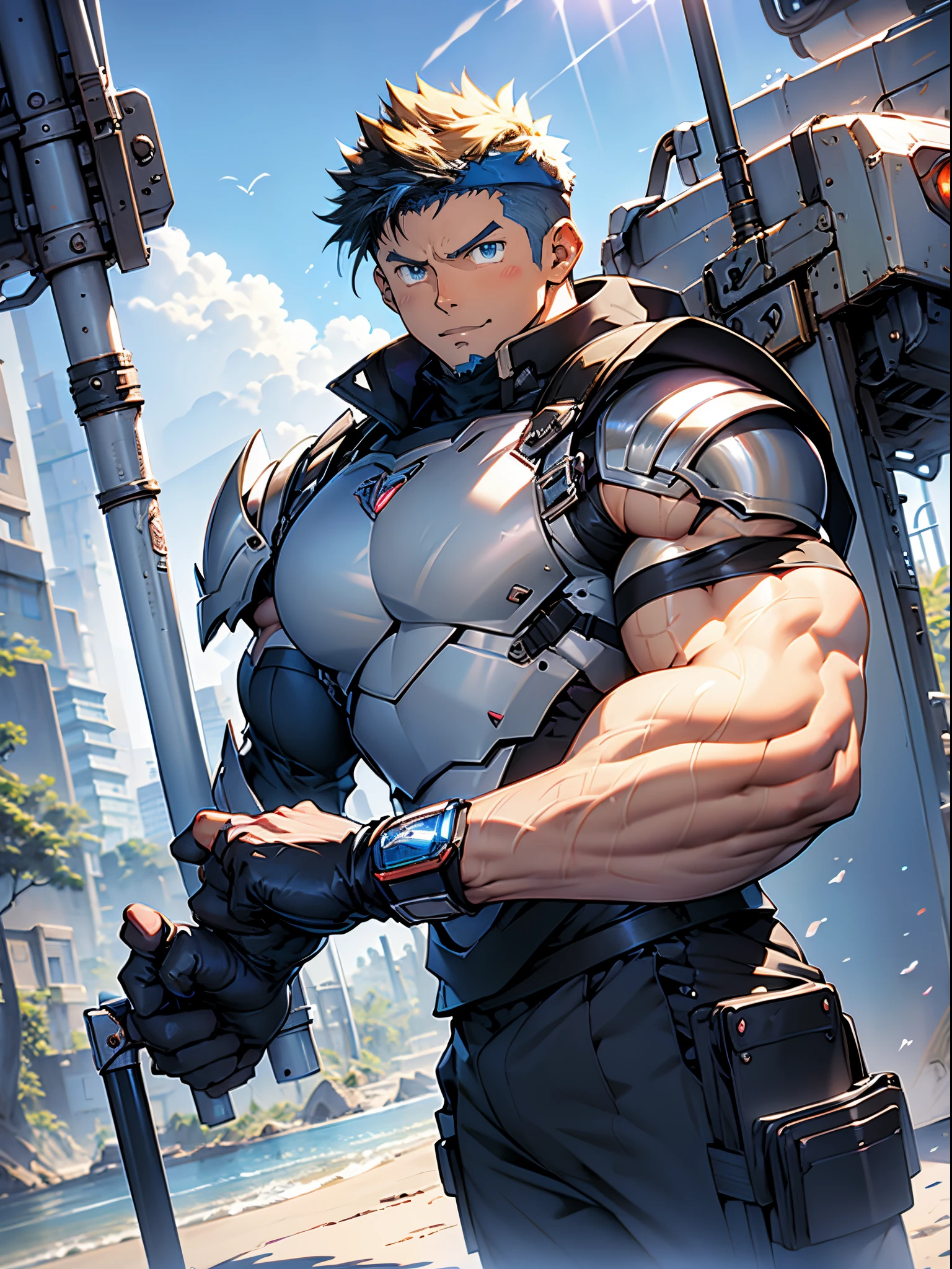 muscular male kawaii moe anime, metalic armored slayer