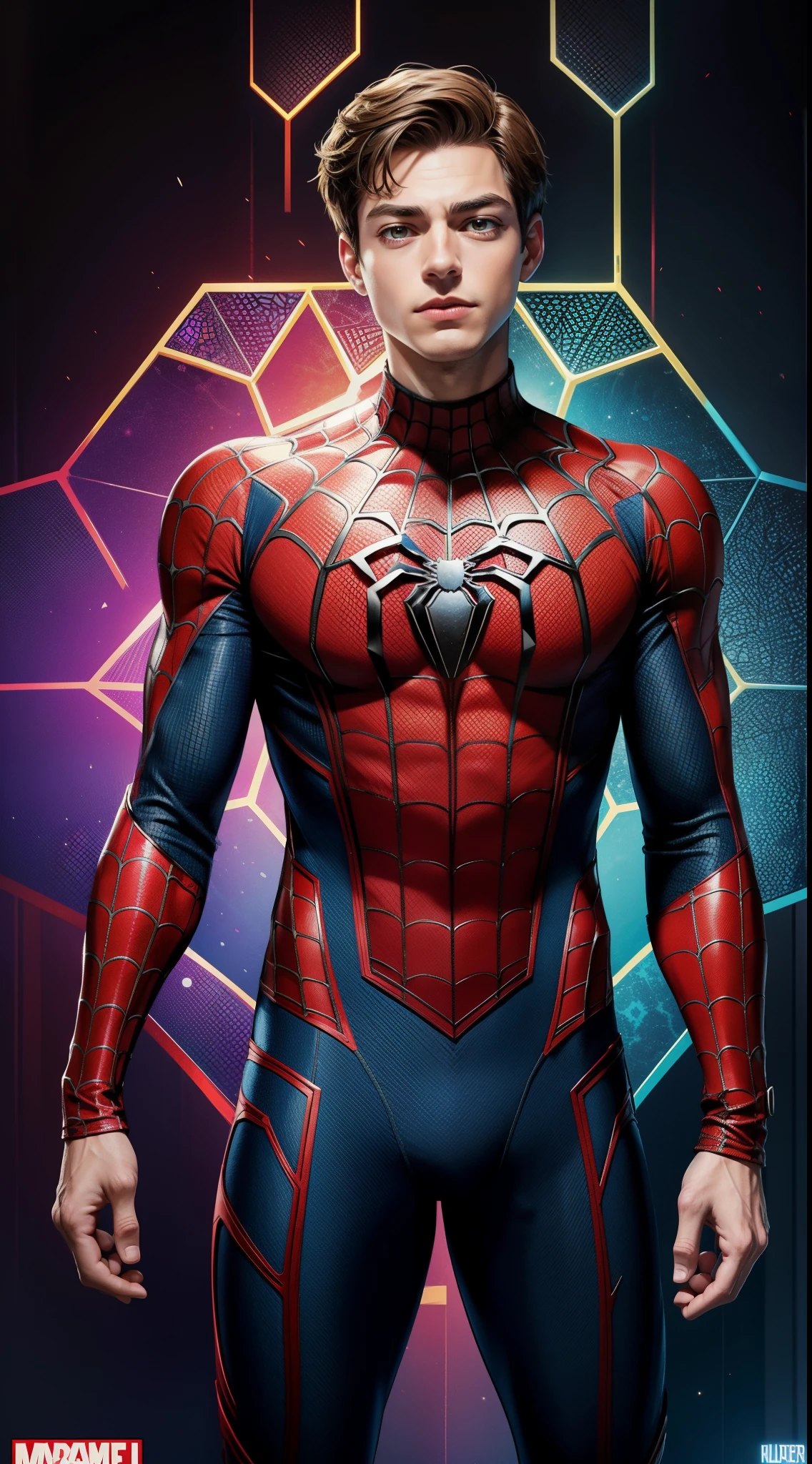 Billionaire Peter Parker wears Spider-Armor из комиксов Marvel, Masterpiece, Best Quality, abstract, Psychedelic, Neon, (honeycomb pattern), (creative:1.3), Sy3, SMM, fantasy00d