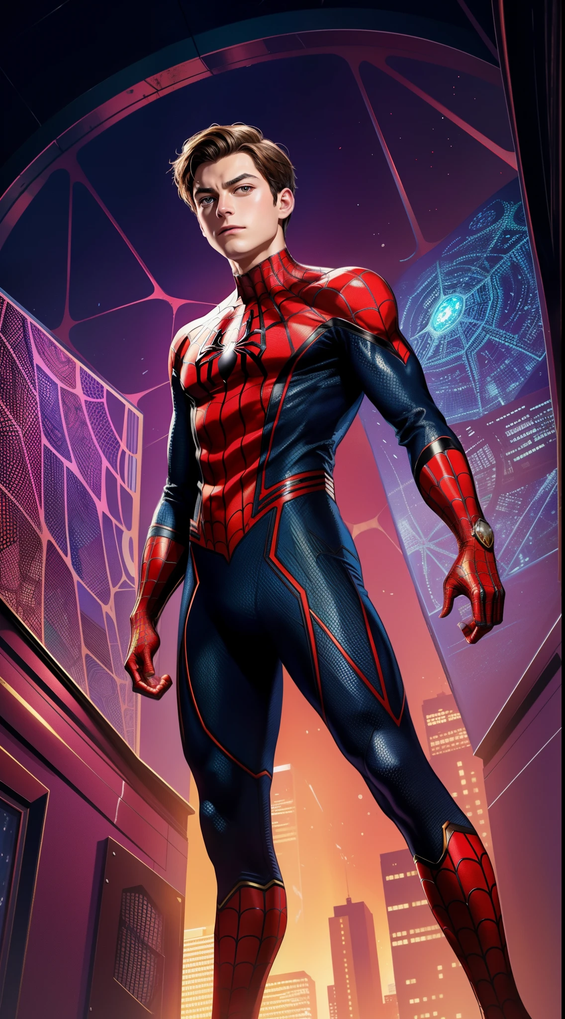 Billionaire Peter Parker wears Spider-Armor из комиксов Marvel, Masterpiece, Best Quality, abstract, Psychedelic, Neon, (honeycomb pattern), (creative:1.3), Sy3, SMM, fantasy00d