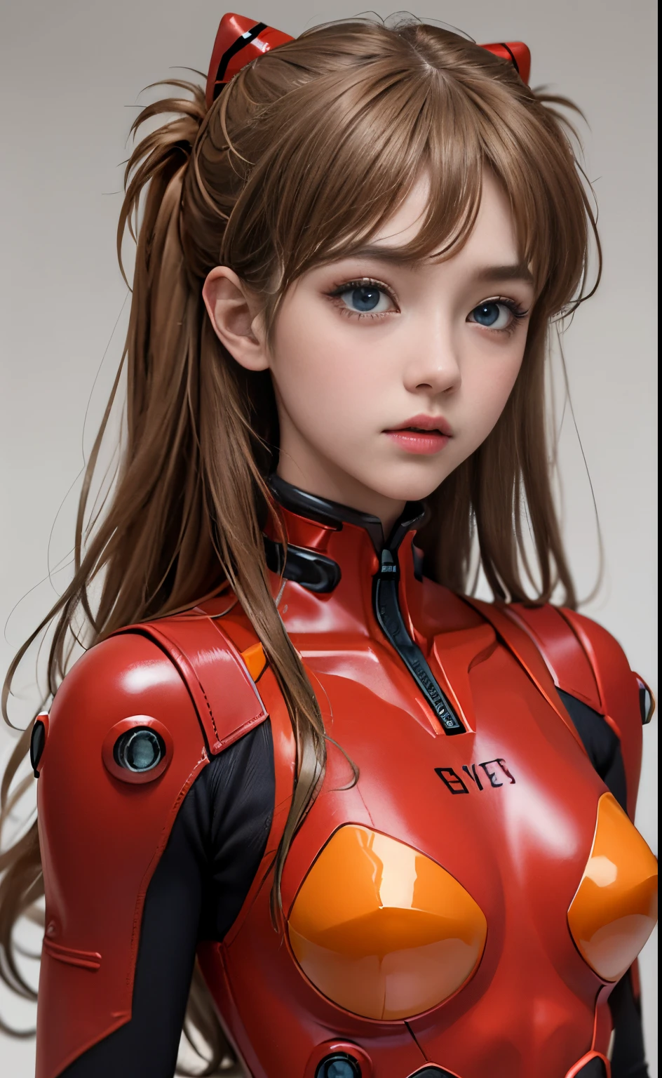 (​masterpiece:1.4、top-quality)、(intricate detailes)、Unity8k wallpapers、ultra-detailliert、Beautiful and mysterious、detailedbackground、realisitic、独奏、Perfectly detailed face、Detailed blue eyes、ighly detailed、red blush、hair adornments、Chignon mahogany hair、(blonde  hair)、Plug Suit 02,Shikinami Asuka Langley、evangerion、Looking at the camera、facing front、 s、full body suits、black backgrounds、large boob