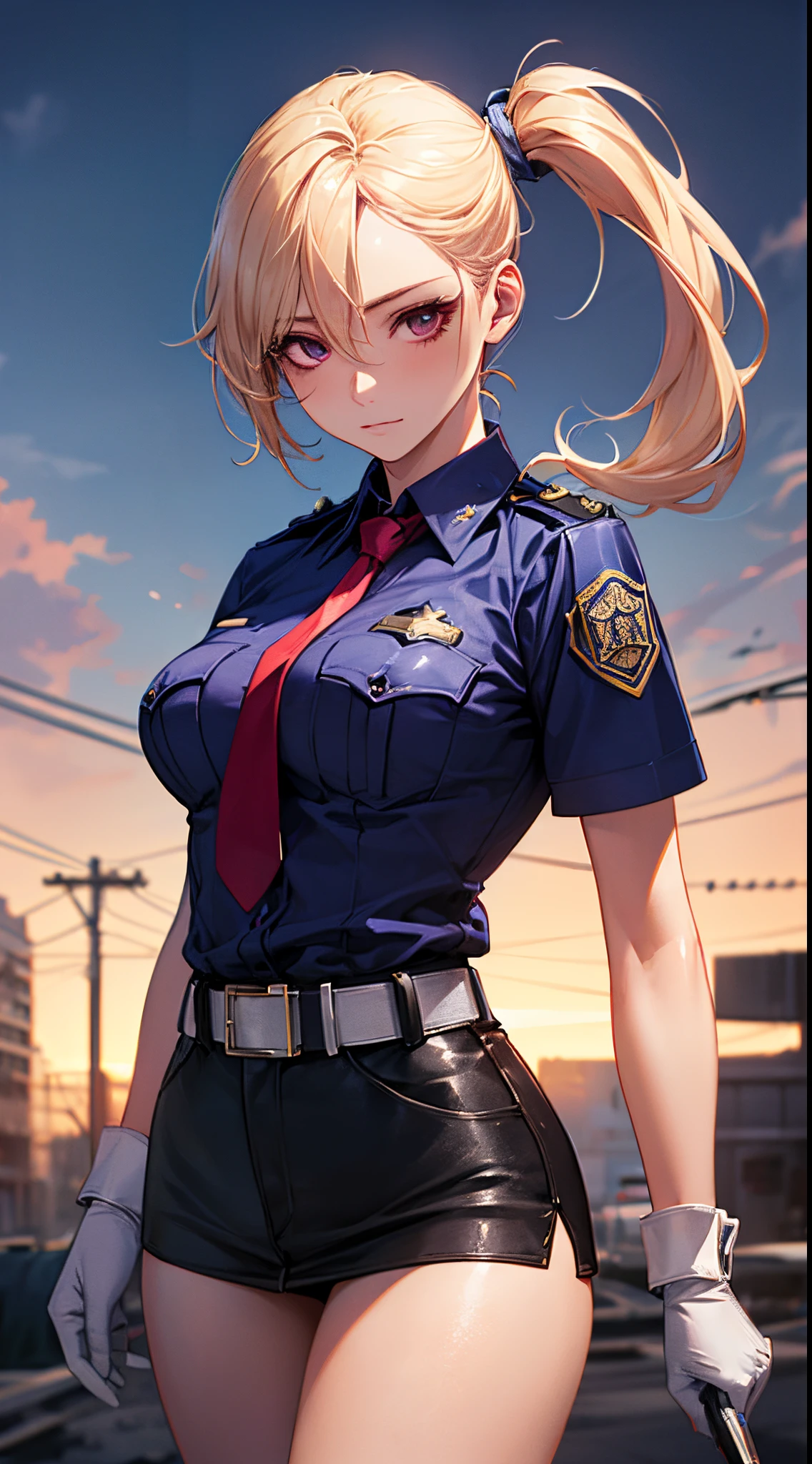 (((perfect anatomy, super detailed skin))), 1 girl, japanese, police girl, shiny skin, large breasts:0.5, looking away, looking up, watching the view, 
beautiful hair, beautiful face, beautiful detailed eyes, (long hair:1.5, side ponytail:1.7), blond hair, bangs, hair between eye, red eyes, 
beautiful clavicle, beautiful body, beautiful chest, beautiful thighs, beautiful legs, babyface, mole under eye, 
((policewoman uniform, light blue short sleeved shirt, navy necktie, high waisted miniskirt), belt, white gloves, police hat, handcuffs), seductive thighs, 
(((aiming at viewer, holding pistol, handgun))), , 
(beautiful scenery), ruins, wasteland, burning city, 
8k, top-quality, masterpiece​:1.2, extremely detailed), (realistic, photorealistic:1.2), beautiful illustration, cinematic lighting,