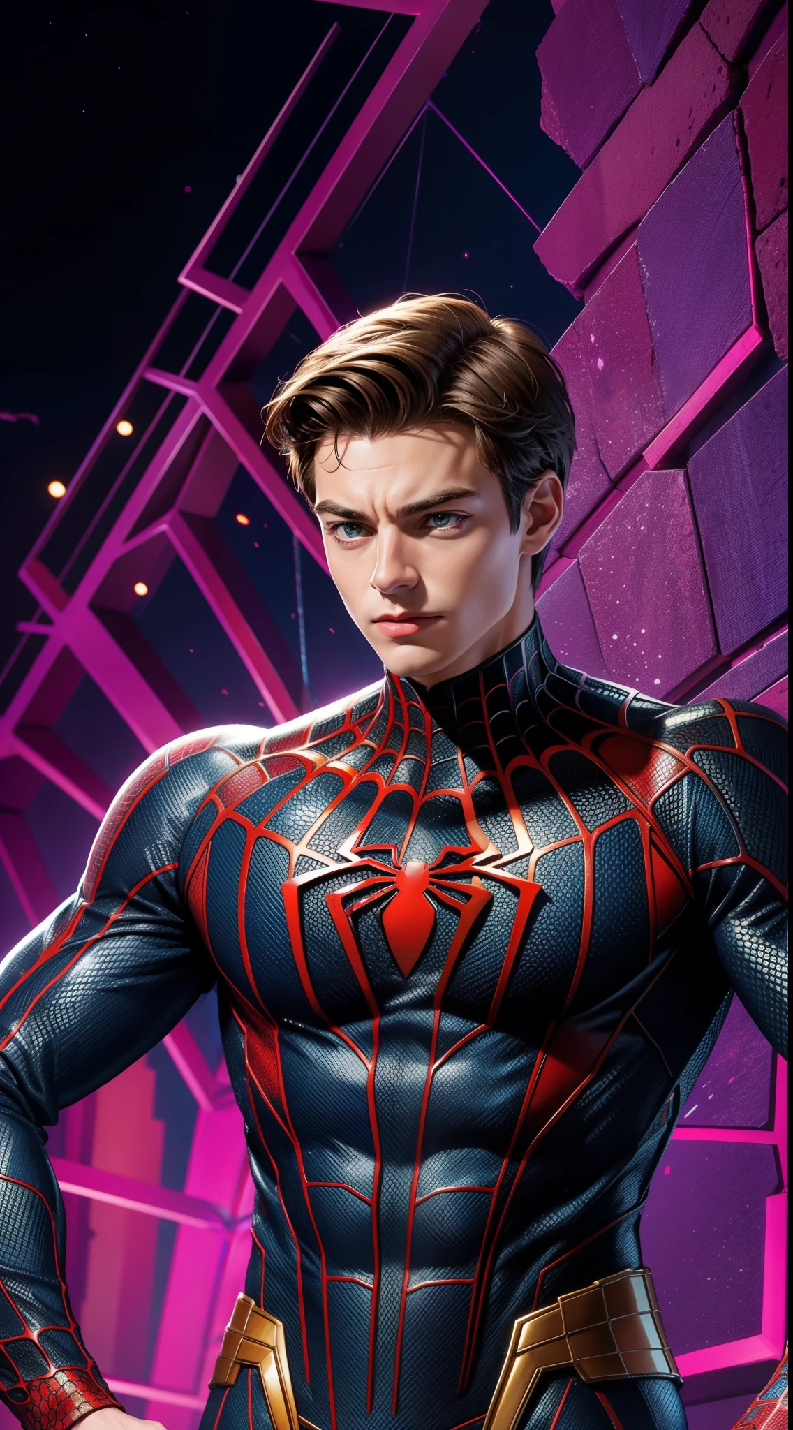 Billionaire Peter Parker wears Spider-Armor из комиксов Marvel, Masterpiece, Best Quality, abstract, Psychedelic, Neon, (honeycomb pattern), (creative:1.3), Sy3, SMM, fantasy00d