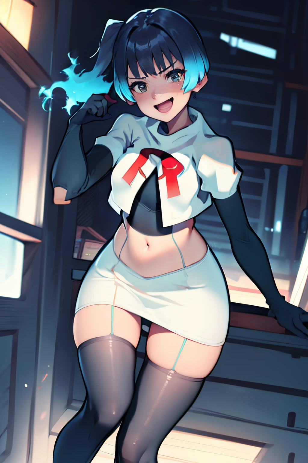face of sena \(xenoblade\), 1girl,team rocket,team rocket uniform, red letter R, white skirt,white crop top,black thigh-highs,black elbow gloves,evil laugh ,