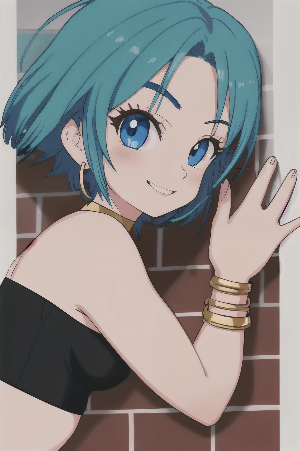 akiratoriyama art style, blue eyes, smile, 1 girl, aqua hair, teenager, medium hair, bob hair, black eyes, medium breasts, little black dress, strapless dress, short bodycon dress, skin-tight dress, choker, gold hoop earrings, gold bracelet, hands on the hips, Brickwall background