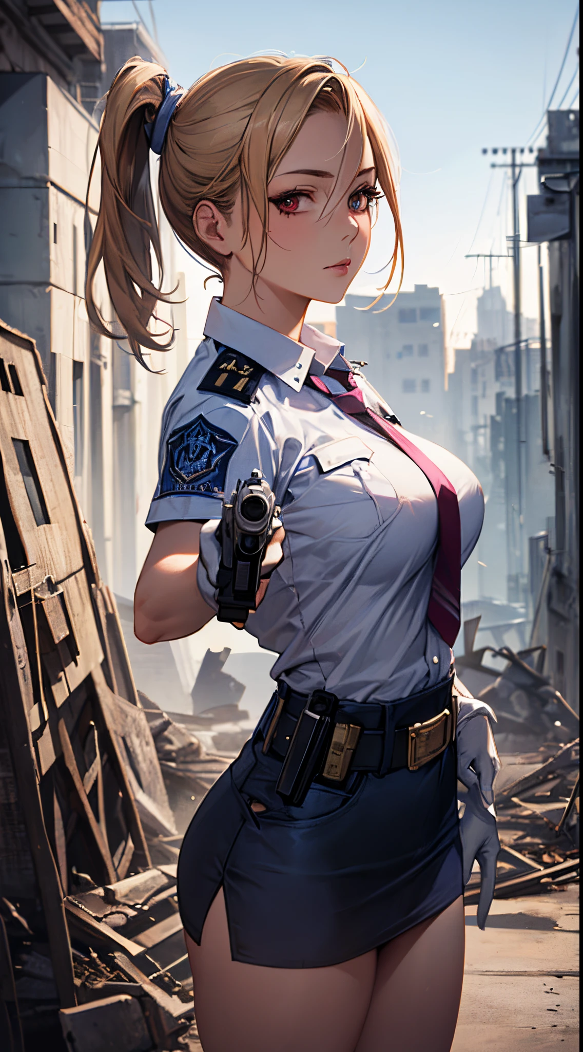 (((perfect anatomy, super detailed skin))), 1 girl, japanese, police girl, shiny skin, large breasts:0.5, looking away, looking up, watching the view, 
beautiful hair, beautiful face, beautiful detailed eyes, (long hair:1.5, side ponytail:1.7), blond hair, bangs, hair between eye, red eyes, 
beautiful clavicle, beautiful body, beautiful chest, beautiful thighs, beautiful legs, babyface, mole under eye, 
((policewoman uniform, light blue short sleeved shirt, navy necktie, high waisted miniskirt), belt, white gloves, police hat, handcuffs), seductive thighs, 
(((aiming at viewer, holding pistol, handgun))), , 
(beautiful scenery), ruins, wasteland, burning city, 
8k, top-quality, masterpiece​:1.2, extremely detailed), (realistic, photorealistic:1.2), beautiful illustration, cinematic lighting,