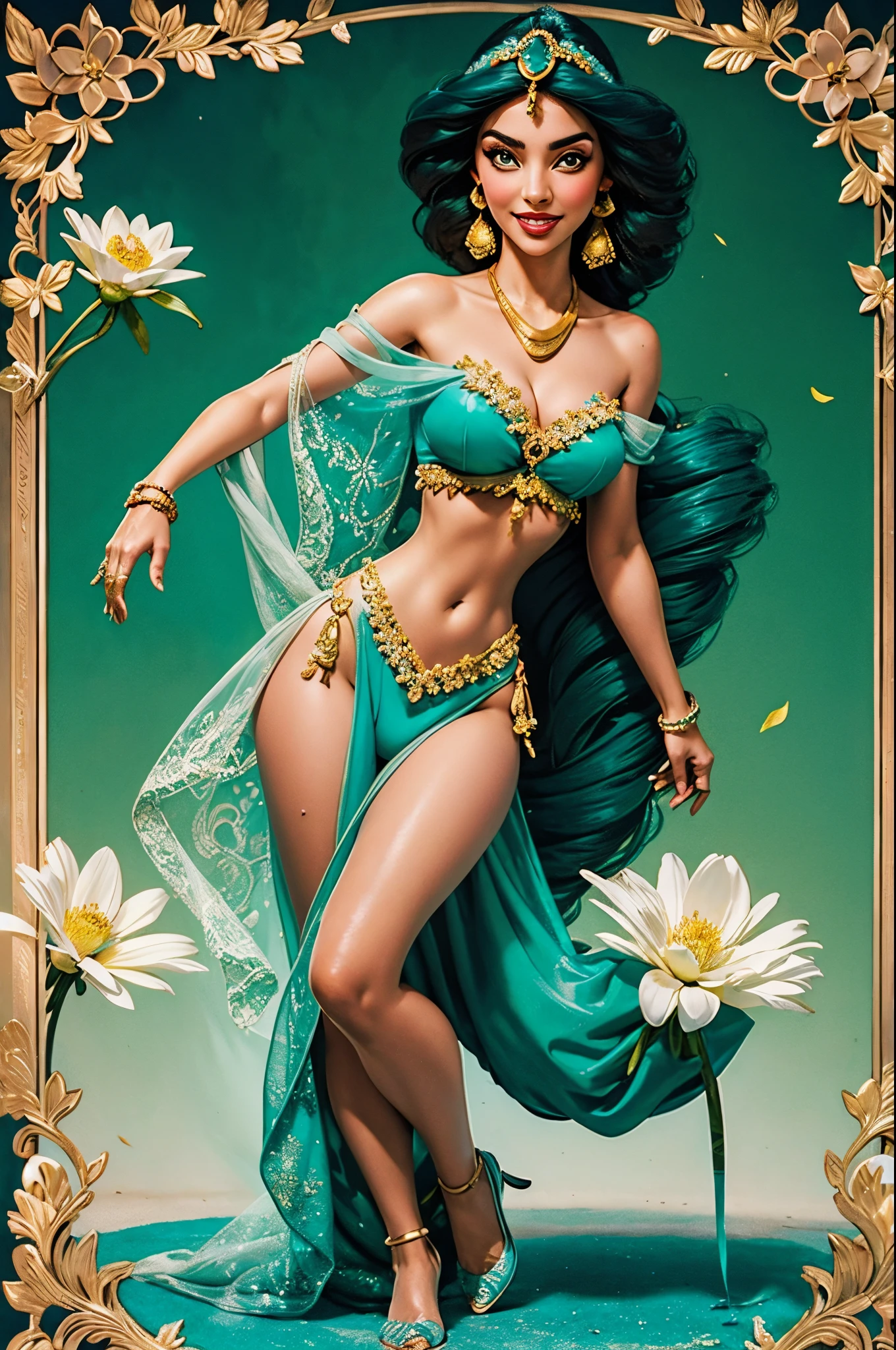 belly dancer, jasmine, hyper realistic, full body shot, huge breasts tits boobs bust jugs, smile, wide hips narrow waist, open mouth, green eyes, jewelry, very long lush curly shiny hairstyle, flower, earrings, necklace, off shoulder, bracelet, see-through mini bikini, white flower, gem, holding flower, arabian high detailed skin, oversaturated, colorfully details,