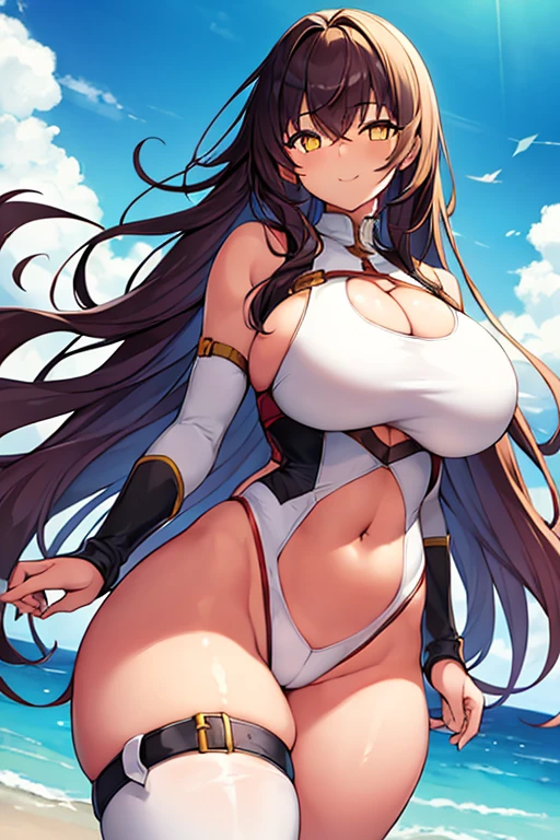 1girl, large breasts, thick thighs, wide hips, smile dark skin, yellow eyes, red hair, long hair, belt, thigh strap, strap, arm strap, white bodysuit, tight clothes, cleavage cutout, cutout, hip vent, underboob cutout, cutout below navel