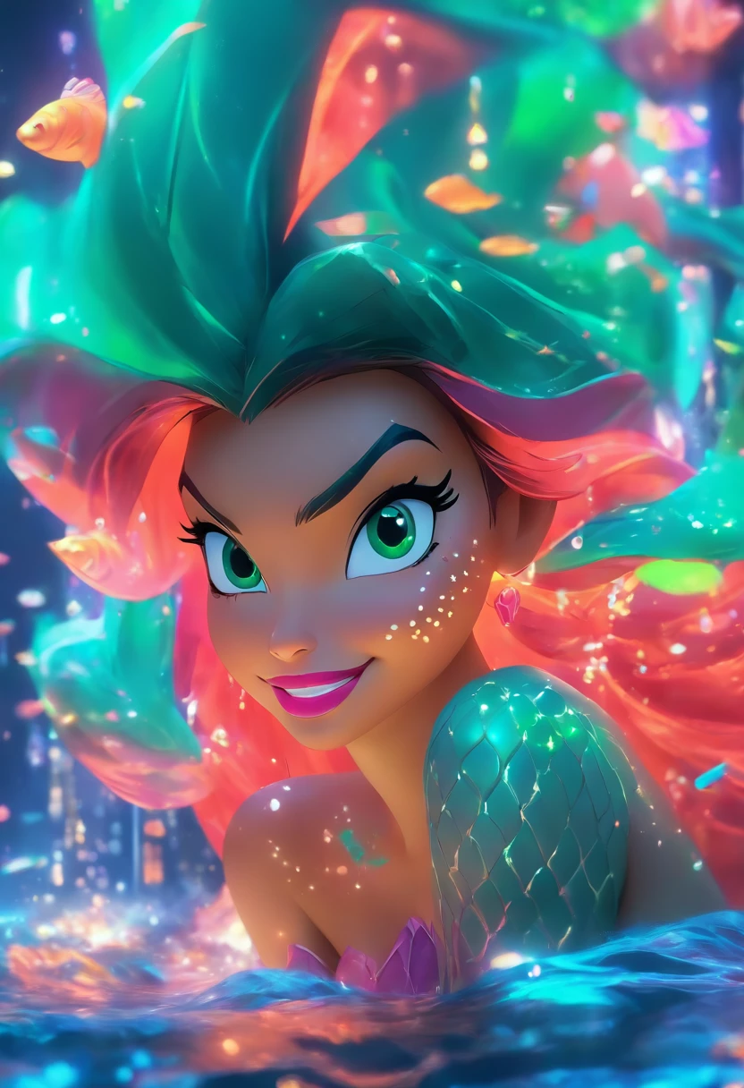 masterpiece, photo realistic techniques, ((photographic style)), full body, Disney Princess ariel as a futuristic cyberpunk mermaid princess neon, vibrant colors. iridicen, grren and turquoise orange colors