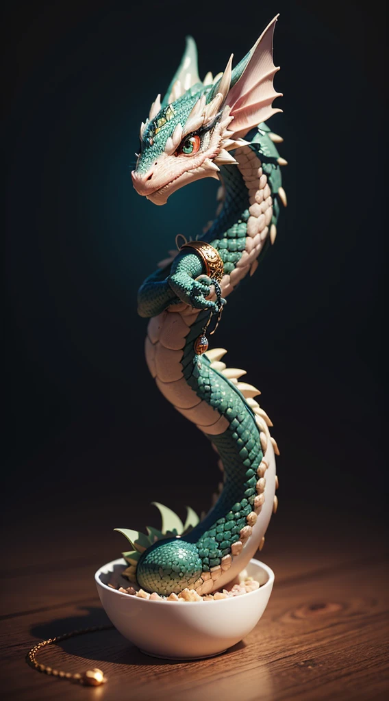 Gorgeous tiny hyperrealistic dragon with realistic eyes and bright different colors taking care of a necklace, Chibi, adorable and cute, logo design, cartoon, cinematic lighting effect, charming, 3D vector art, cute and quirky, fantasy art, bokeh, hand drawn, digital painting, soft lighting, isometric style, 4K resolution, photorealistic rendering, highly detailed cleaning, vector image,  photorealistic masterpiece, professional photography, simple space scenery, isometric, vibrant vector