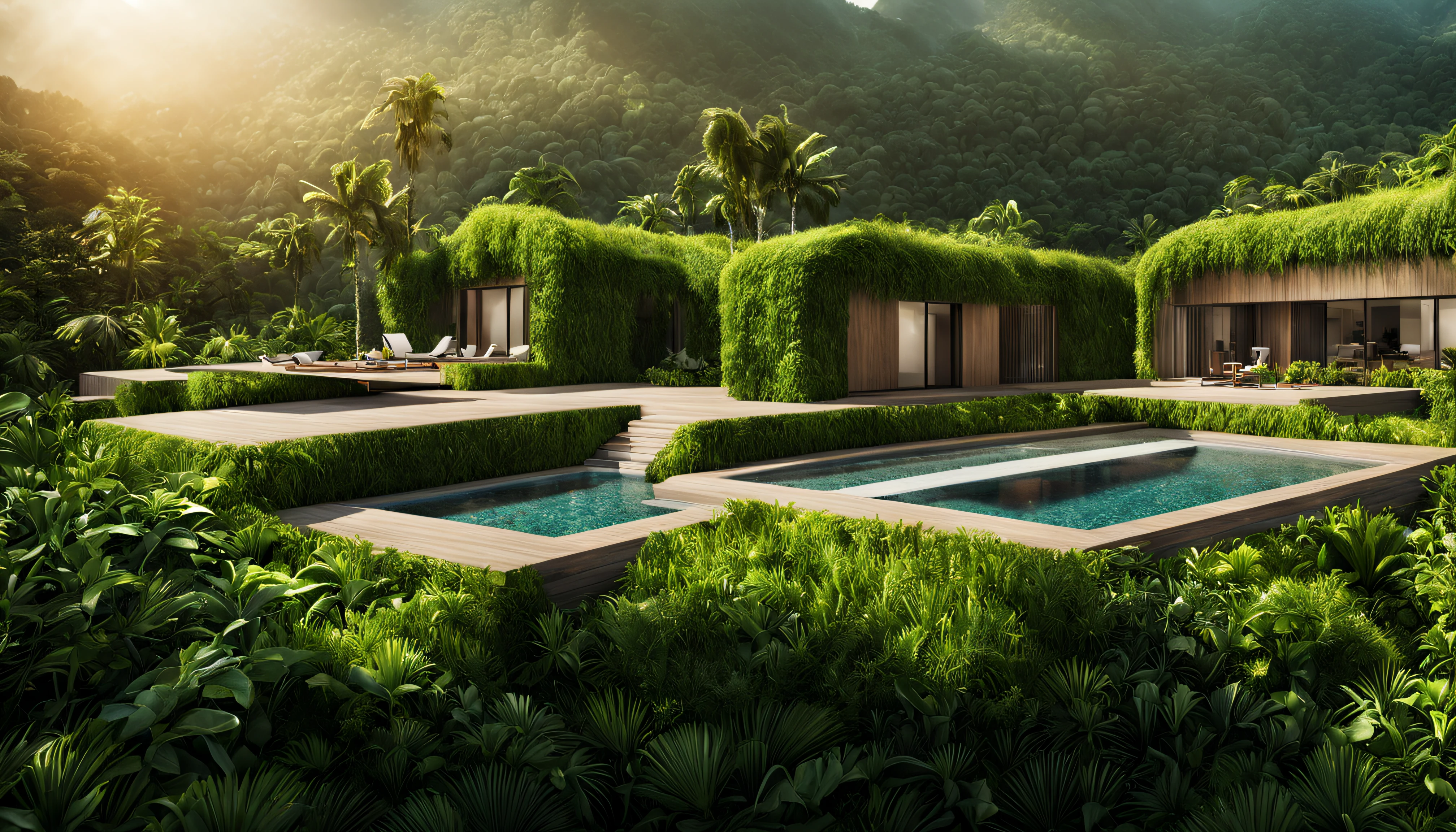 (Best quality),(masterpiece),(ultra detailed),(high detailed),(extremely detailed),A verdant and humid tropical island covered in plants, sunlight, eye-catching details, beautiful simple modern architecture, serene, cinematic, hyperreal, octane render