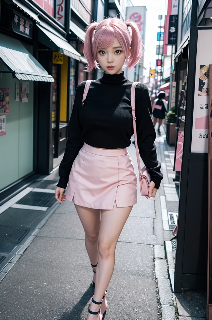 there is a woman in a short skirt and high heels walking down the street, anime girl in real life, anime girl cosplay, cute girl with short pink hair, hyper realistic anime, tokyo anime scene, 2 b, 2b, highly detailed giantess shot, realistic anime 3 d style, anime cosplay, pink twintail hair and cyan eyes