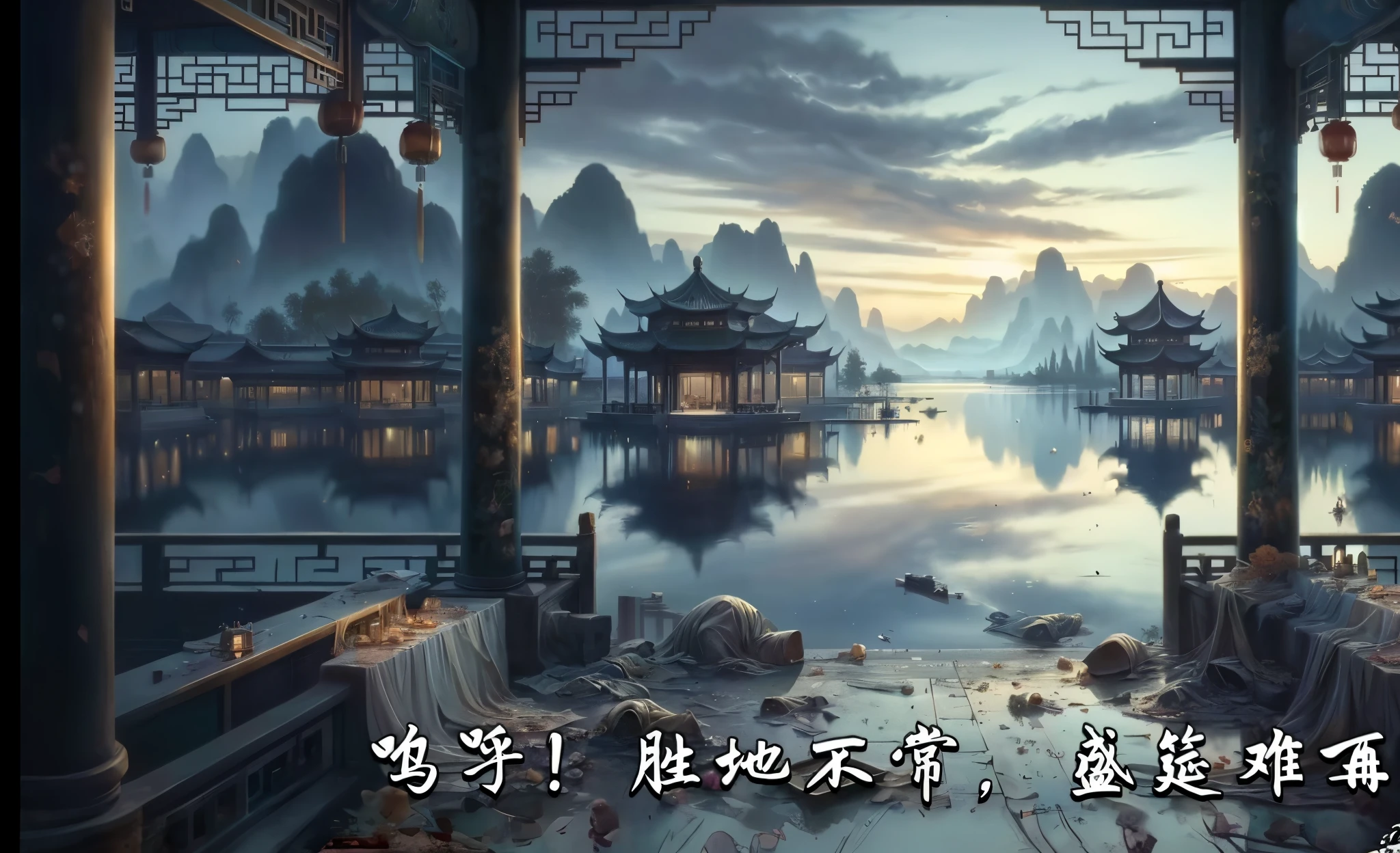Close up of picture of lake with mountains as background, by Qu Leilei, author：Song Xu, Xu Xi, Wuzhen, by Xia Gui, by Li Fangying, by Chen Daofu, Inspired by Huang Binhong, author：Li Song, optimistic matte painting, chinese fantasy, author：Victor Wang, Inspired by Wen Zhengming