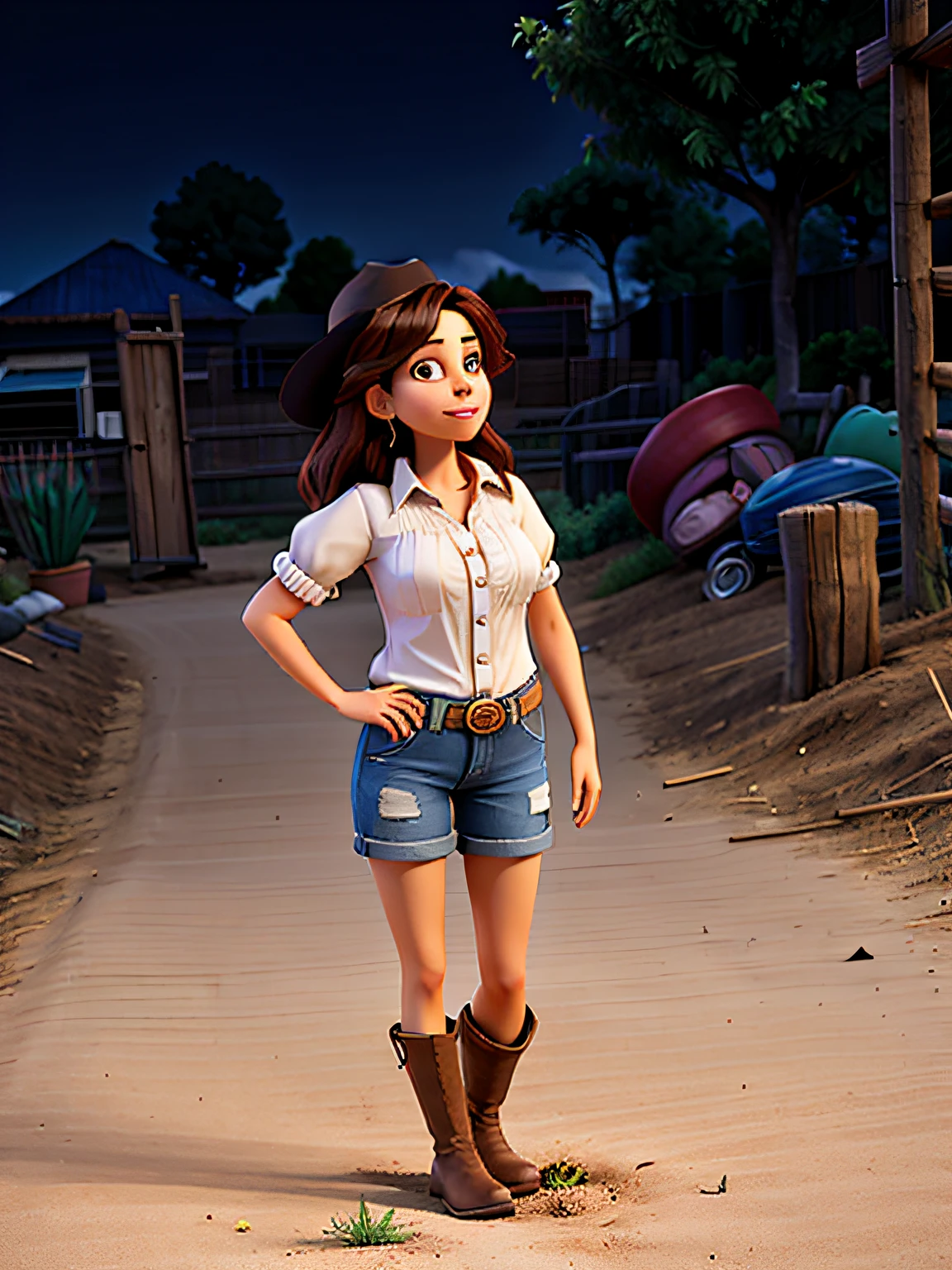 there is a woman standing in the dirt with her legs crossed, cowgirl, at night time, lorena avarez, casual pose, beautiful mexican woman, alanis guillen, wearing a camisole and boots, very very low quality picture, mexican, she is mexican, nigth, 🤠 using a 🖥, western cowgirl, full body picture