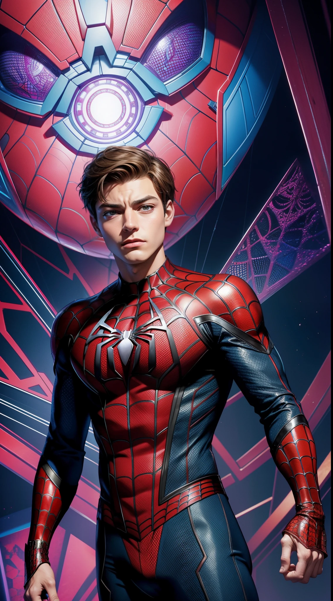 Billionaire Peter Parker wears Spider-Armor из комиксов Marvel, Masterpiece, Best Quality, abstract, Psychedelic, Neon, (honeycomb pattern), (creative:1.3), Sy3, SMM, fantasy00d