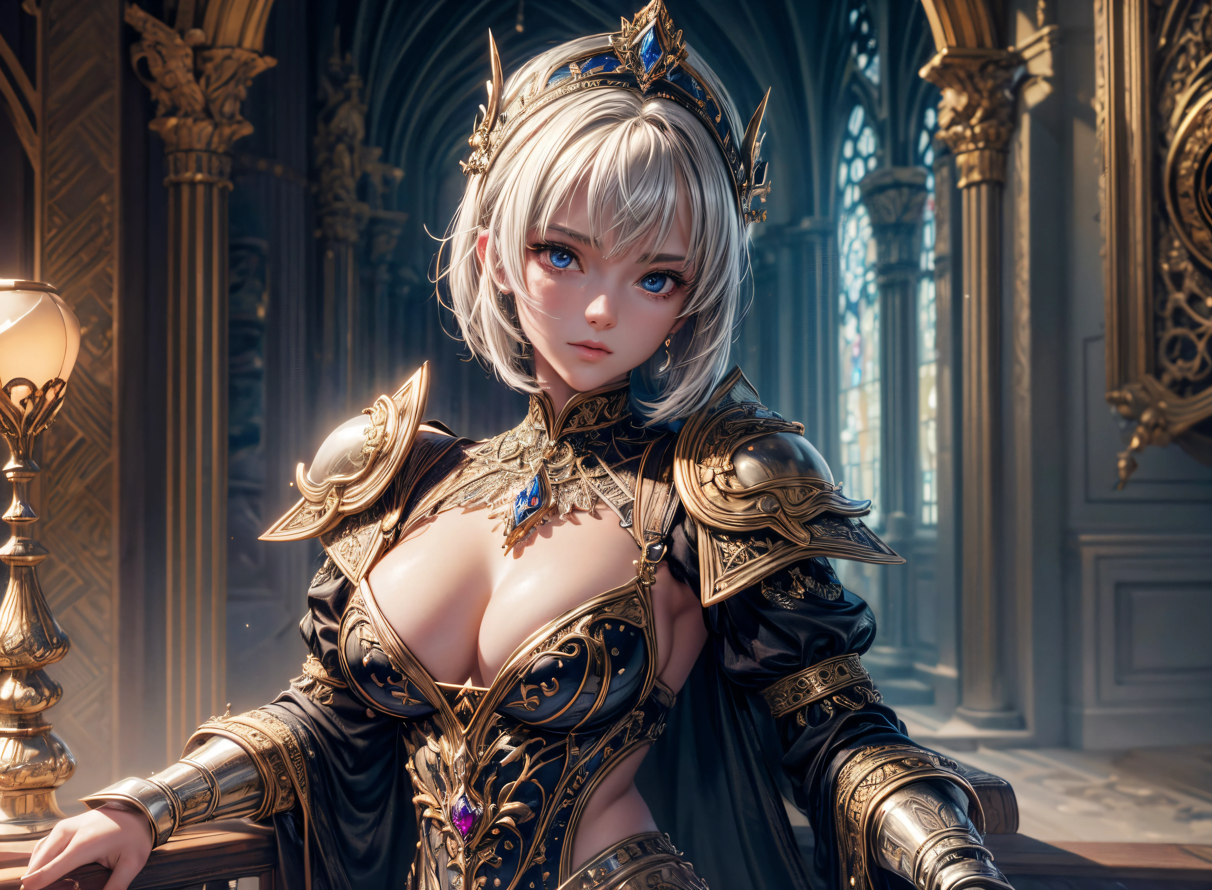 ((Best quality)), ((masterpiece)), ((highly intricate details)),beautiful, high quality, highres, absurdres, light difussion, intricate details, complex details, ((anime)), (anime:1.2) , (perfect face:1.3), extreme detailed eyes, colorful, highest detailed, vibrant colors, high contrast, (8K UHD:1.2), (photorealistic:1.2),(masterpiece:1.4), (best quality:1.4), realistic,medium breast.masterpiece, high quality, 3d, 8k cg, intricate details, detailed background, sacred. ornaments, byDylanKowalski, ((1girl)), upper body, muscular, skindentation, looking to the side, short hair, prosthesis, mechanical arms, synthetic skin, porcelain, pearl, holographic, titanium, diamond, ruby, sapphire, gemstones, clockwork, grunge, worn edges, armor,