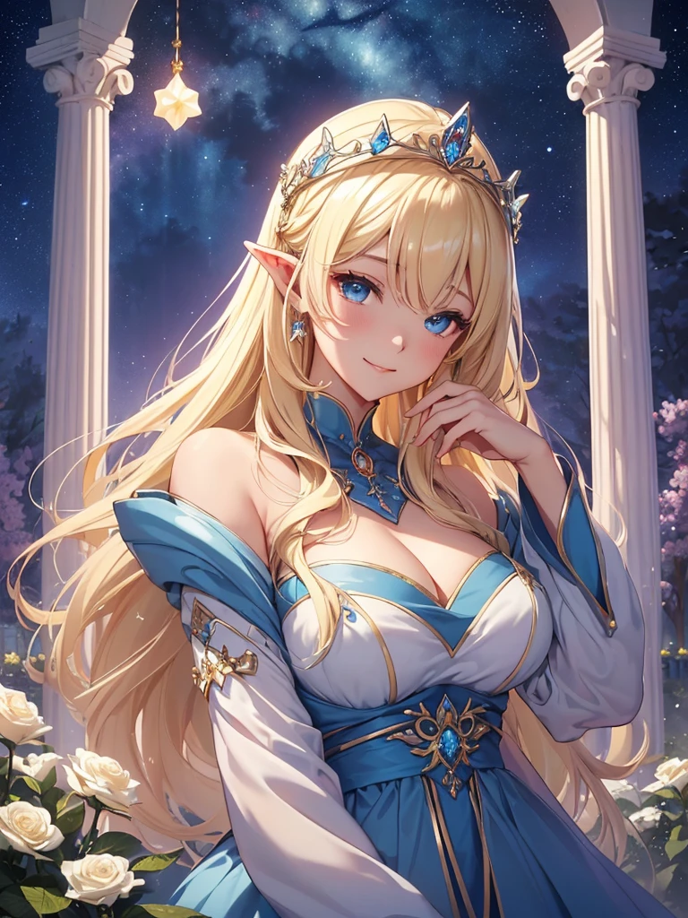 top-quality、Top image quality、masterpiece、sleeping beauty girl((24 year old、Best Bust、big bast、Bust 90,Beautiful blue eyes、,Blonde long hair、A slender、a closeup、Esbian、beautiful tiara、hiquality、Beautiful Art、Background with((starrysky)))masutepiece、visualart、depth of fields、sky at night、、Elven ears、、light magic、kosmos、mid night、harp melody🎵、Happy smile、Gentle light、、Beautiful skins、beutiful breast、beautiful foot、welcome、、accurate fingers、Exact finger count、ticker beautiful dress、A sexy、Mystical Sleep in the flower garden、flower field、roses、the woods、Marble pillars、sleep bent over