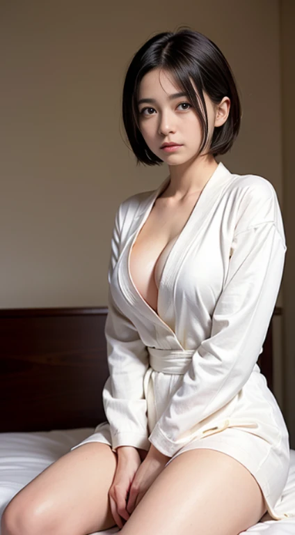 (masutepiece, Best Quality:1.4), Beautiful face, 8K, 85 mm, absurderes, ((Dark bedroom in the hotel))、((Sitting on the bed:1.4))、(Wearing a thick white bathrobe:1.4), ((cowboy  shot:1.5))、((Shot from below:1.4))、((udder of medium size、cleavage of the breast:1.4))、violaceaess, gardeniass, Delicate girl, Solo,(((extremely short hairstyle:1.5)))、Night, Looking at Viewer, Upper body, Film grain, chromatic abberation, Sharp Focus, face lights, Professional Lighting, Sophisticated, (he looked at me with a confused expression:1.4), (Simple background, Bokeh background:1.2), Detail Face、