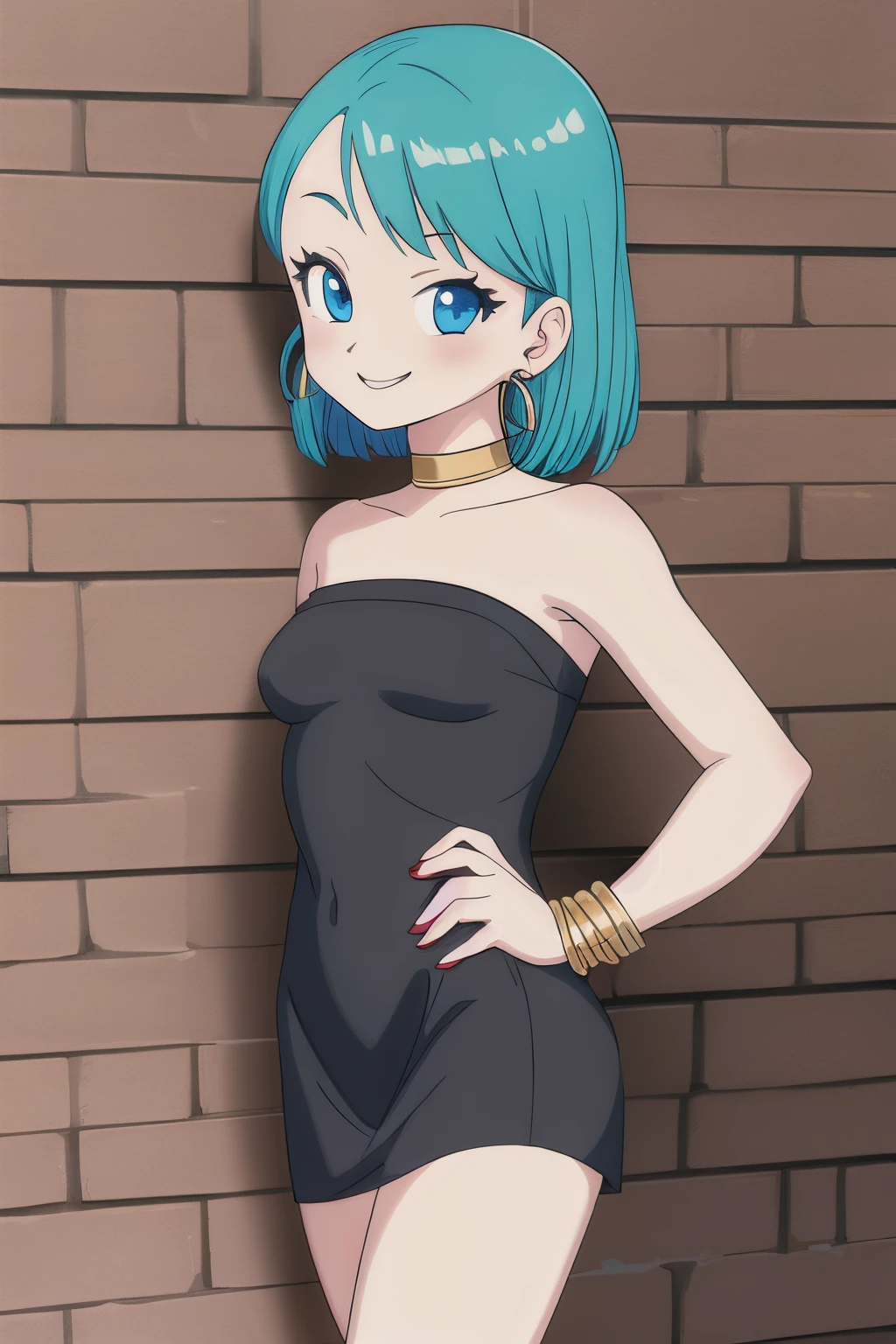 akiratoriyama art style, blue eyes, smile, 1 girl, aqua hair, teenager, medium hair, bob hair, black eyes, medium breasts, little black dress, strapless dress, short bodycon dress, skin-tight dress, choker, gold hoop earrings, gold bracelet, hands on the hips, Brickwall background