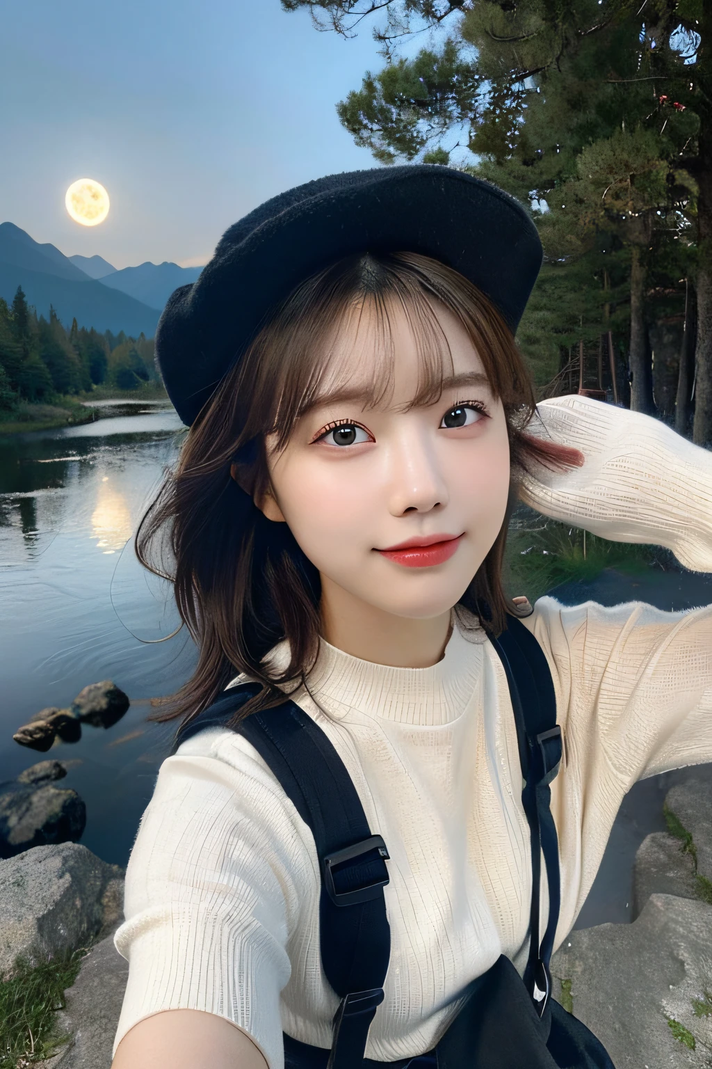 (top-quality, masterpiece:1.3, high resolution,), randome pose, (ultra-detailliert,Caustics),(Photorealsitic:1.4,RAW shooting,) Ultra-realistic capture,A highly detailed,High resolution 16K human skin closeup, Skin texture is natural, The skin looks healthy with an even tone, Use natural light and color, 1 girl, japanes, 23years old, kawaii, A dark-haired, Middle hair, smil, (depth of fields, chromatic abberation, Wide range of lighting, Natural Shading), ((upper body selfie)), outdoors, (night), mountains, nature, (stars, moon) cheerful, happy, backpack, mountain boots, gloves, sweater, hat, flashlight, forest, rocks, river, wood, smoke, shadows, contrast, clear sky, analog style (look at viewer:1.2) (skin texture) (film grain:1.3), (warm hue, warm tone)